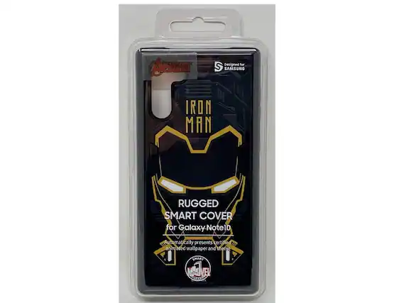 The image features a package of a smart cover for Samsung Galaxy Note 10, designed with an Iron Man theme. The package is made of plastic and is still in its original packaging. The cover is intended to protect the phone and add a touch of style with the Iron Man theme.