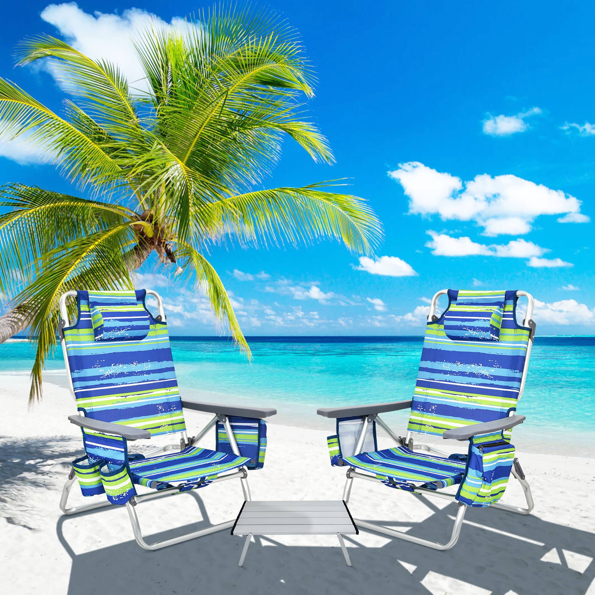 Alt View 1. Costway - Costway 2-Pack Folding Backpack Beach Chair Table Set 5-Position Outdoor Reclining Chair - Multicolor.