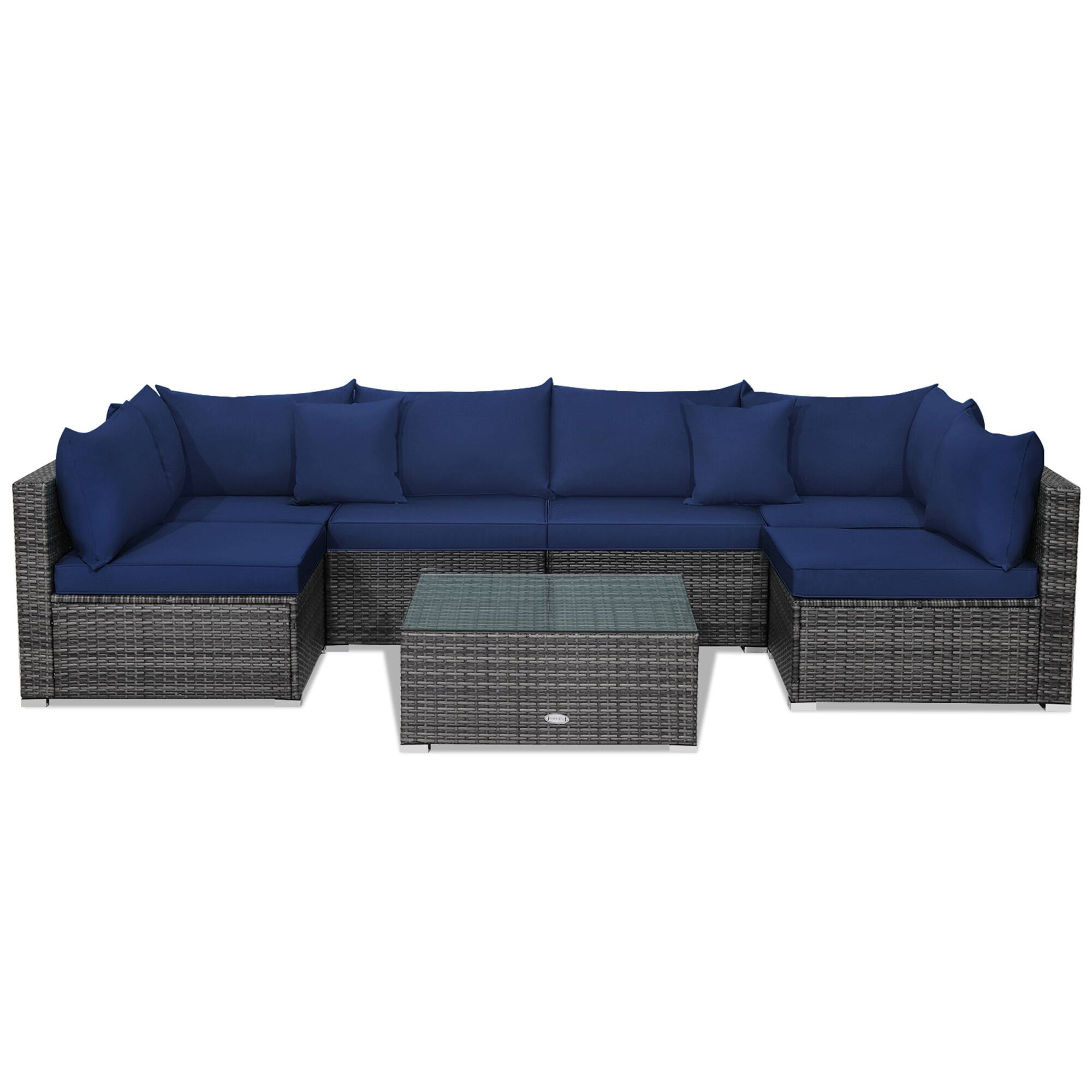 Alt View 1. Gymax - Gymax 7PCS Patio Rattan Sectional Sofa Set Outdoor Furniture Set w/ Navy Cushions - Navy.