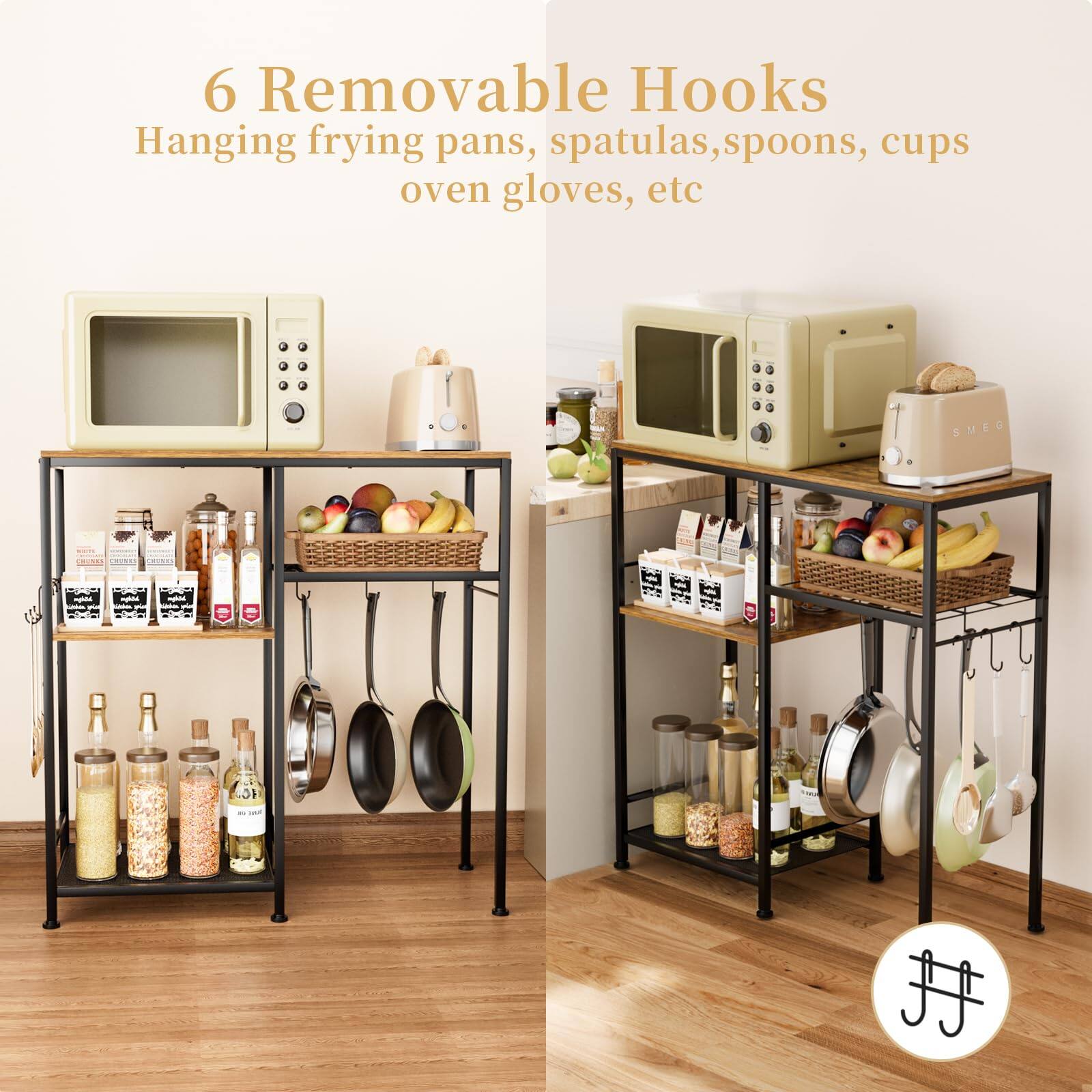 6 Removable Hooks  
Hanging frying pans, spatulas, spoons, cups, oven gloves, etc.