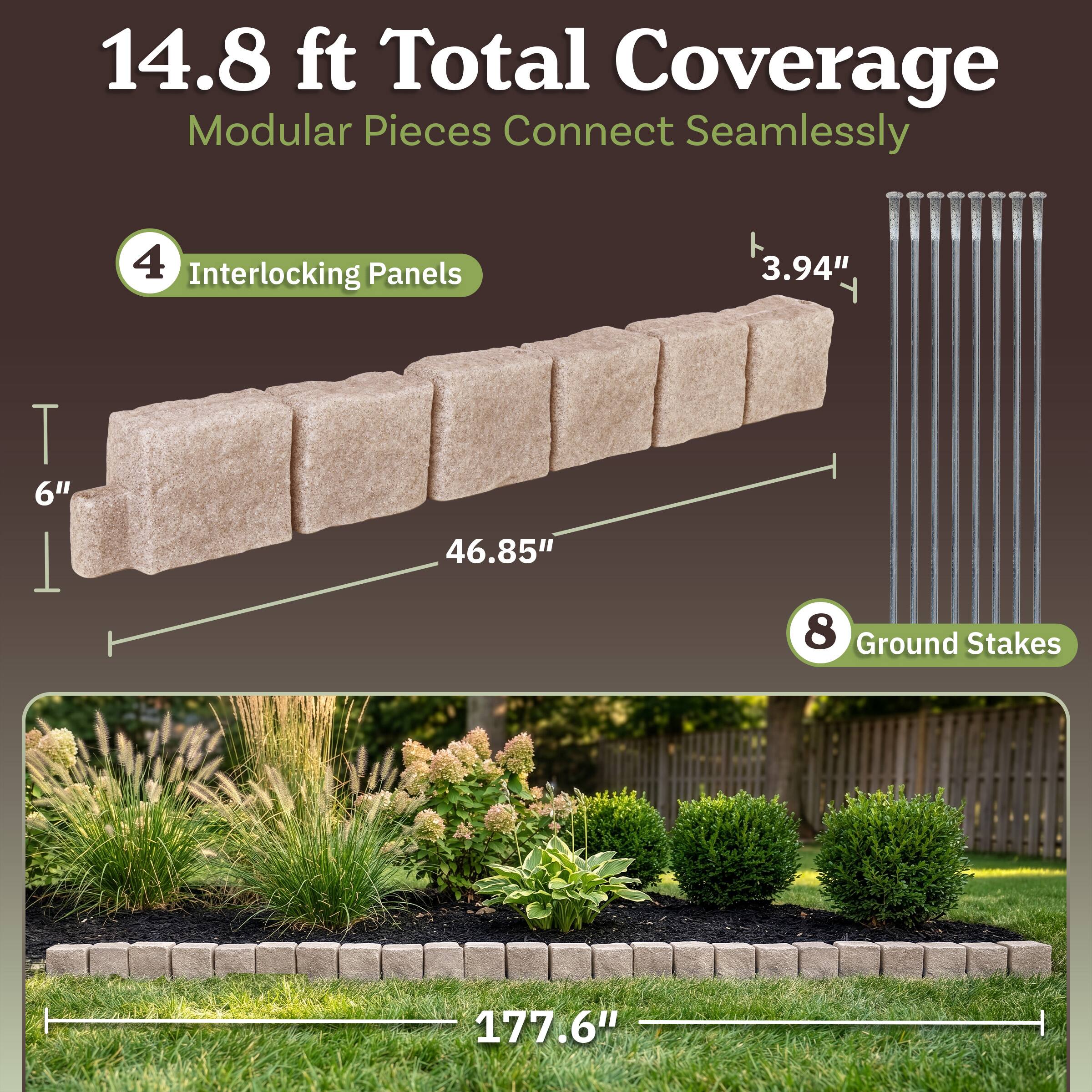14.8 ft Total Coverage  
Modular Pieces Connect Seamlessly  

4 Interlocking Panels  
3.94" T  
6"  
46.85"  

8 Ground Stakes  

177.6"