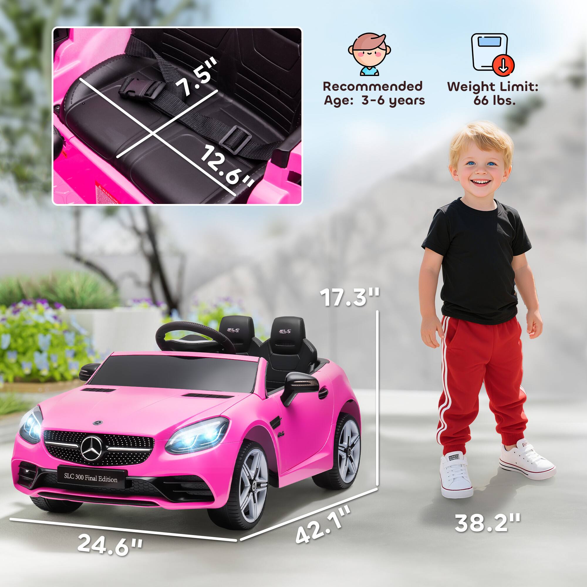 7.5" 12.6"
Recommended Weight Limit: Age: 3-6 years 66 lbs.
17.3"
24.6"
42.1"
38.2"