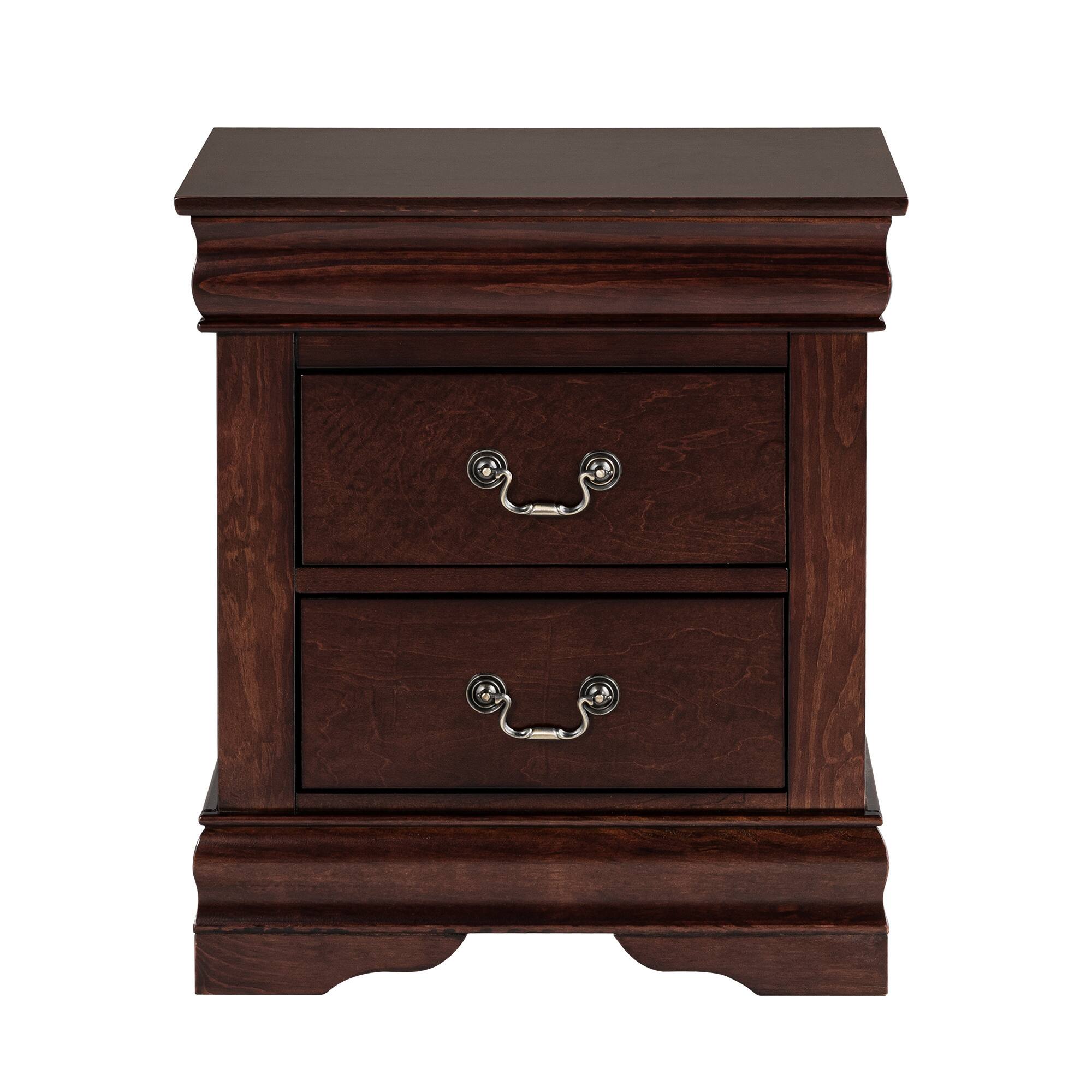 Front. Vaczon - 21.5" Solid Wood Nightstand with Drawer, Wood Veneer Bedside Table with Nickel Bail Pulls - Dark Cherry.