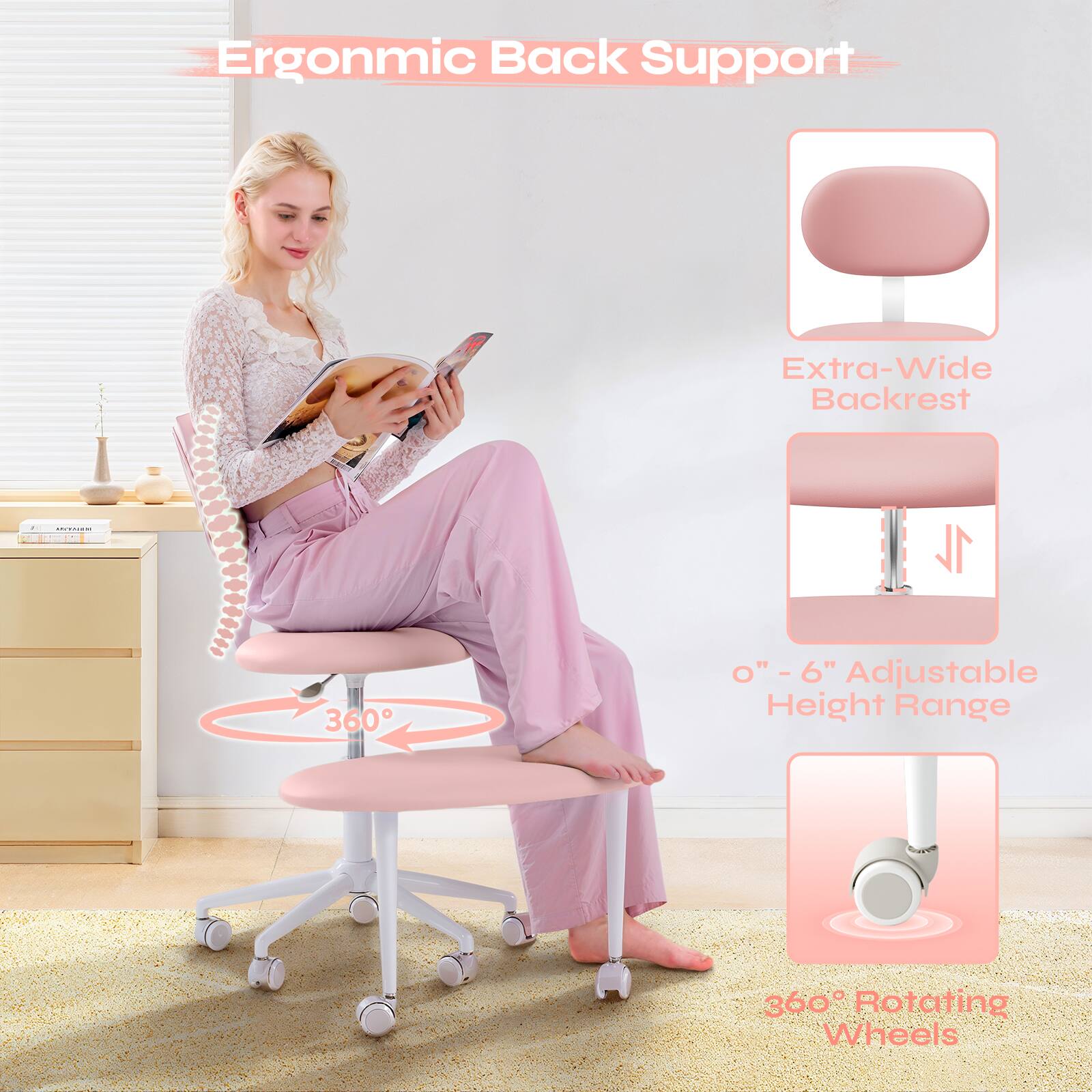 Ergonomic Back Support, Extra-Wide Backrest, 360° - 6" Adjustable Height Range, 360° Rotating Wheels