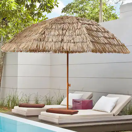 Front. Meqiodas - 8'Thatch Patio Tiki Umbrella Tropical Palapa Raffia Tiki Hut Hawaiian Hula Beach Umbrella,Straw umbrella.