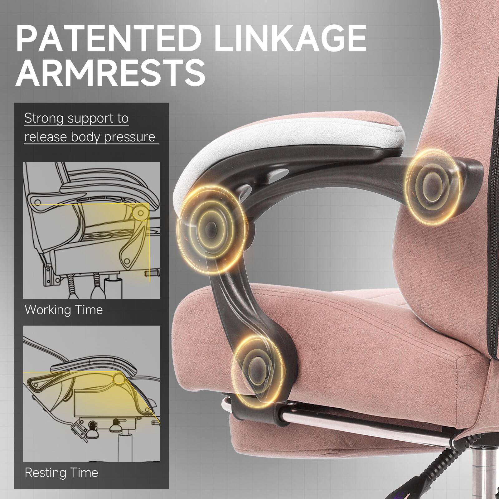 PATENTED LINKAGE ARMRESTS

Strong support to release body pressure

Working Time

Resting Time