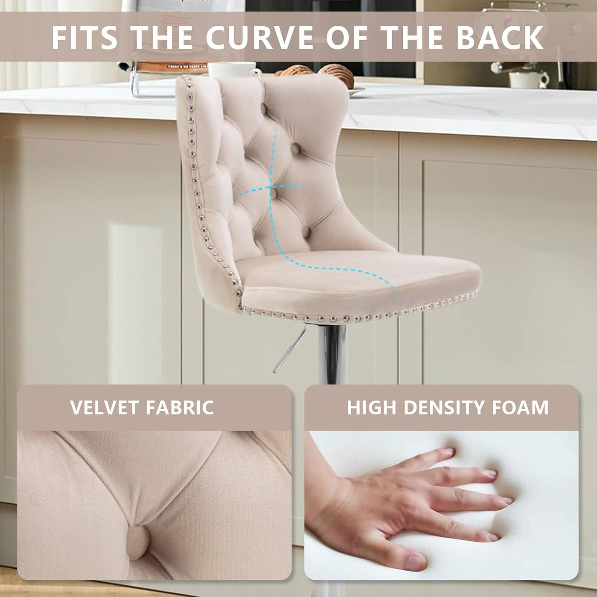 FITS THE CURVE OF THE BACK

VELVET FABRIC

HIGH DENSITY FOAM