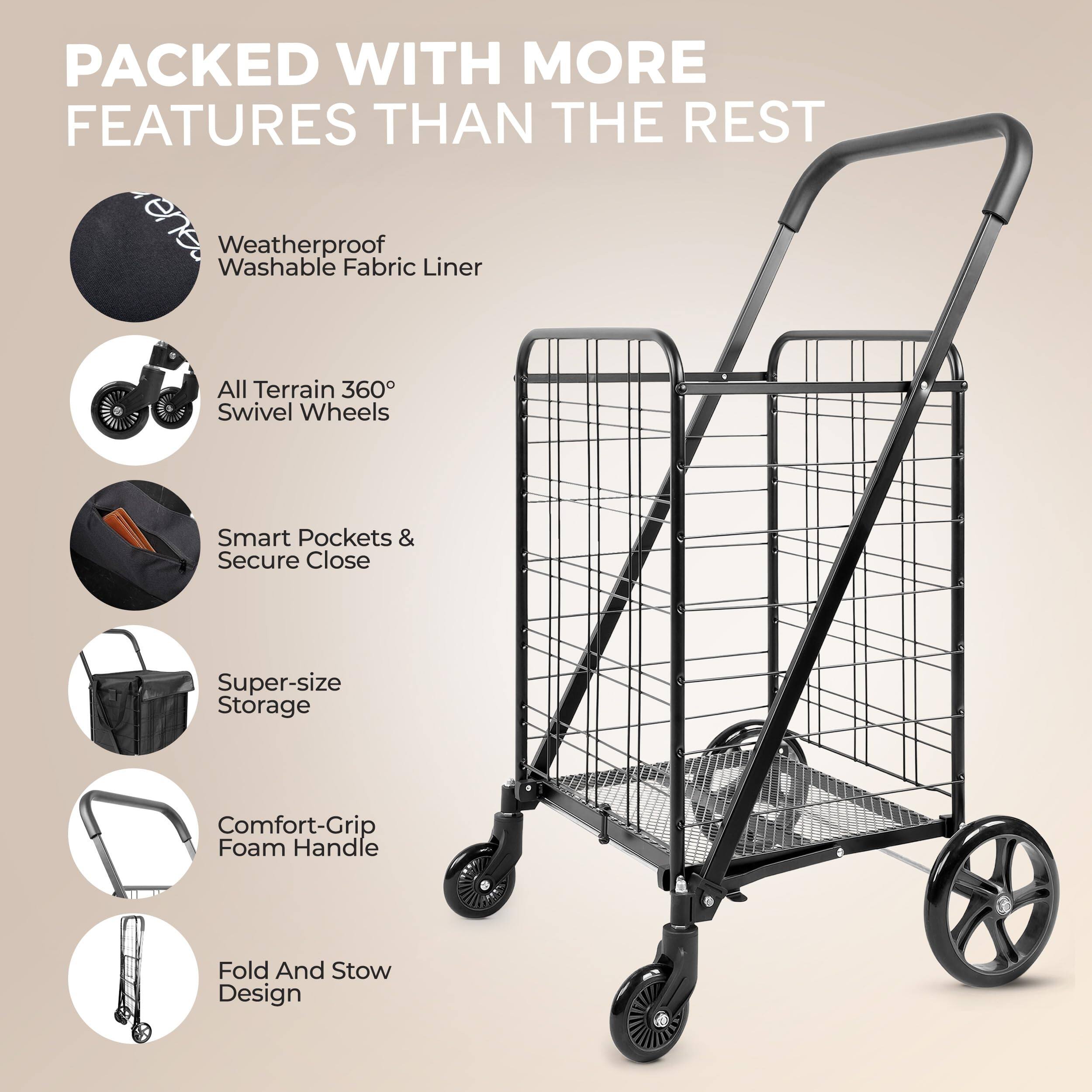 PACKED WITH MORE FEATURES THAN THE REST

- Weatherproof Washable Fabric Liner
- All Terrain 360° Swivel Wheels
- Smart Pockets & Secure Close
- Super-size Storage
- Comfort-Grip Foam Handle
- Fold And Stow Design