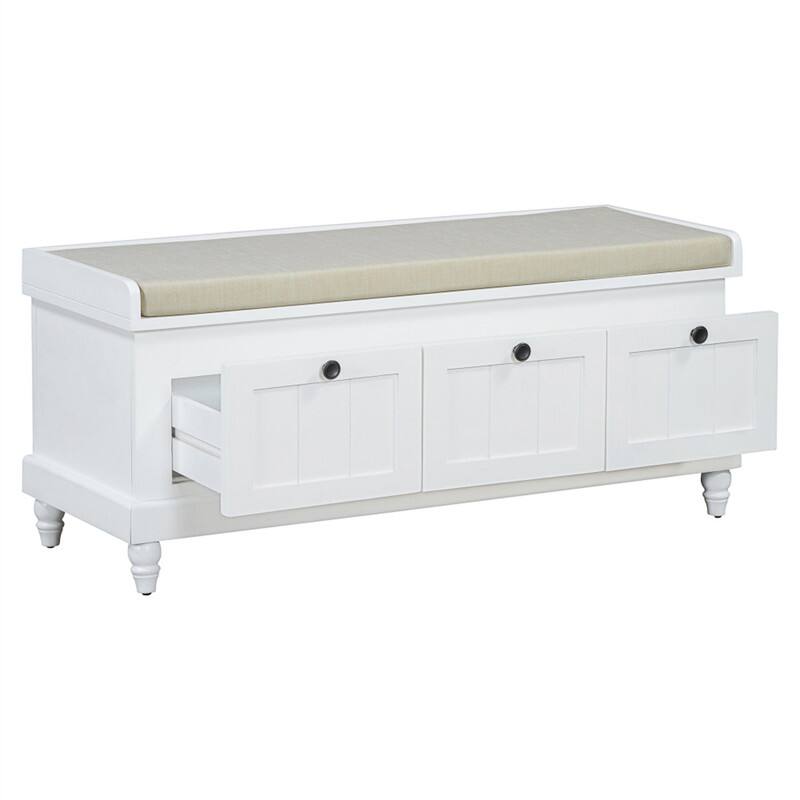 HTUTWOO - Shoe Storage Bench for Living Room Entryway Hallways - Bench with Cushion and Three Drawers, Fluted Entryway Bench - White