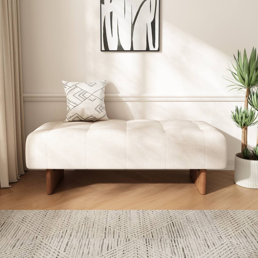Angle. PDTEND - Modern Beige Rectangular Upholstered Tufted Linen Fabric Ottoman Bench - Beige.