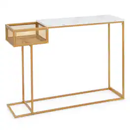 Kadyn - Rectangular Faux Marble Console Table with Storage-Gold, Narrow Console Table, Entryway Hall Table with Shelves - White