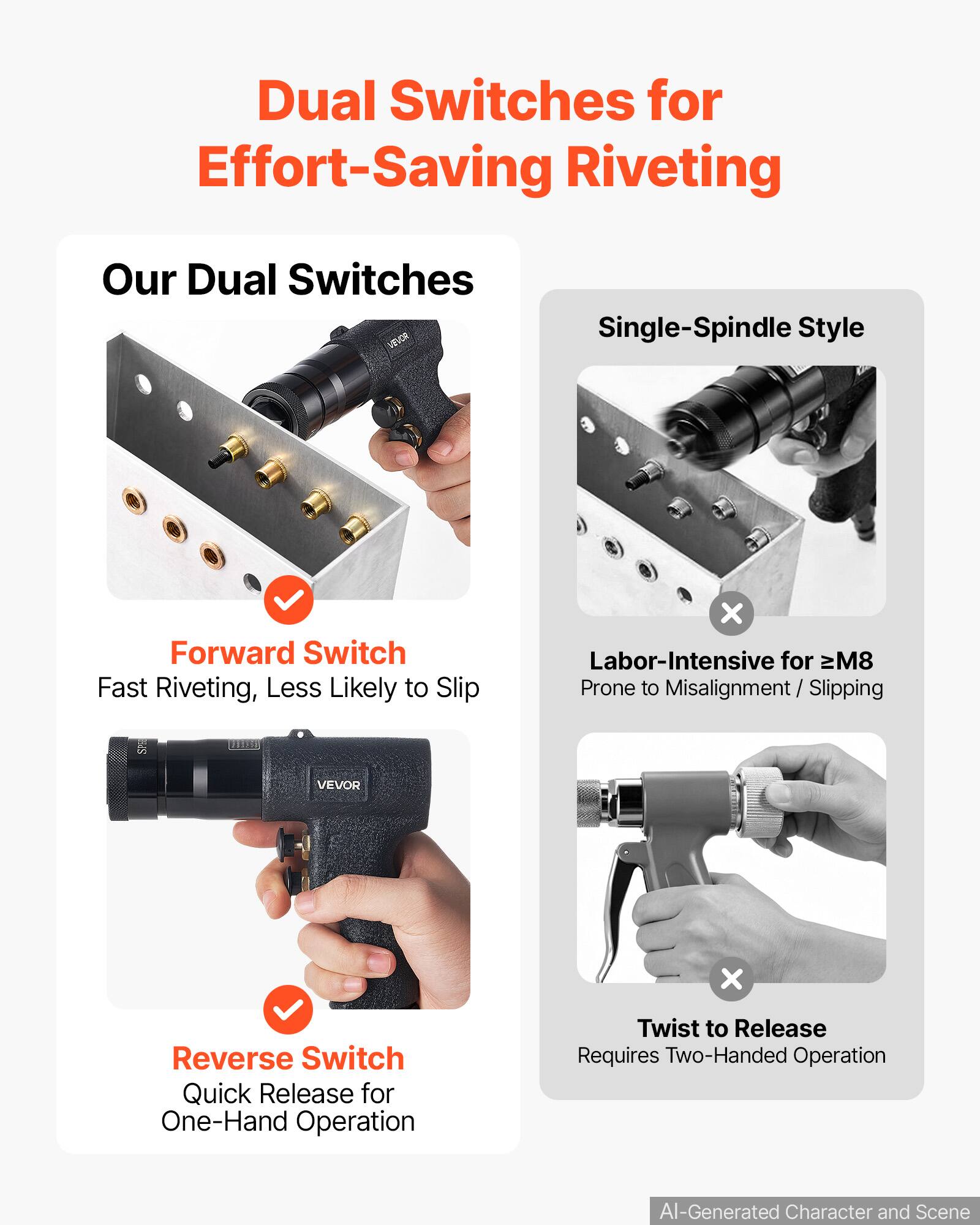 Dual Switches for Effort-Saving Riveting

Our Dual Switches

Forward Switch
Fast Riveting, Less Likely to Slip

Reverse Switch
Quick Release for One-Hand Operation

Single-Spindle Style

Labor-Intensive for ≥M8
Prone to Misalignment / Slipping

Twist to Release
Requires Two-Handed Operation

AI-Generated Character and Scene