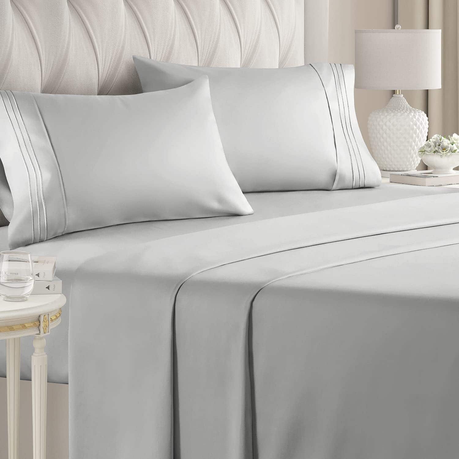 Front. CGK Linens - Luxury Soft 4 Piece Solid Bed Sheet Set - Deep Pocket Fits 8"-16" Mattresses - Queen - French Grey.