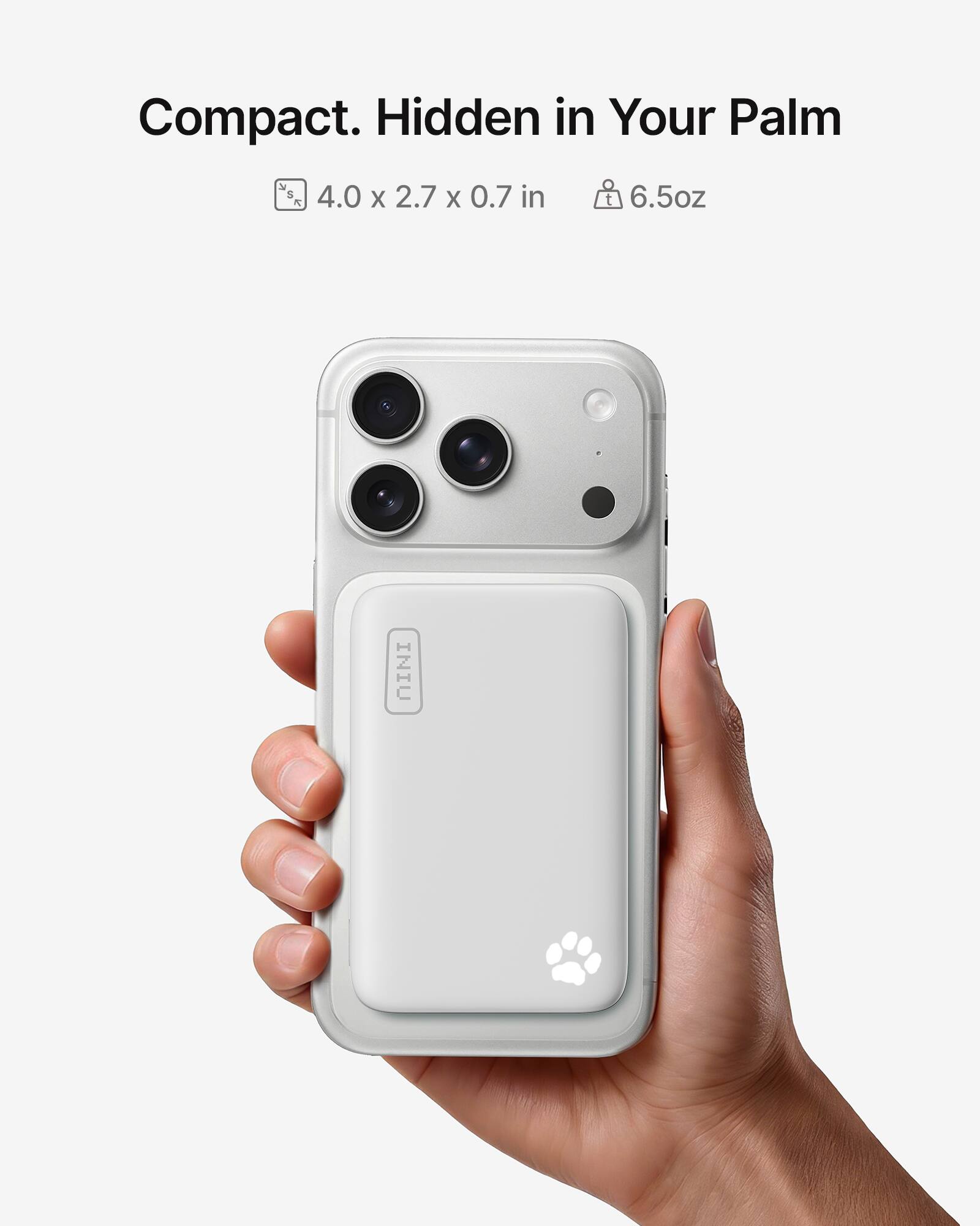 Compact. Hidden in Your Palm  
4.0 x 2.7 x 0.7 in  
6.5oz