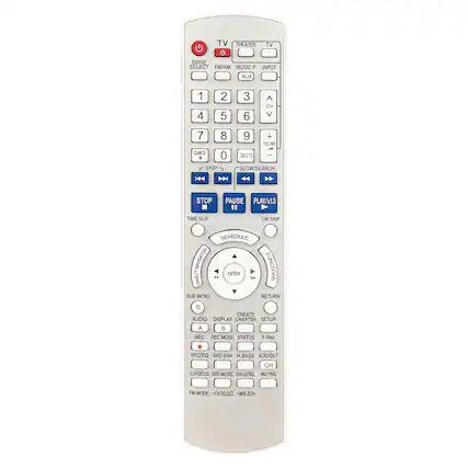 Sure, here is the corrected and grouped text from the image:
**Top Section:**
- TV
- THEATER
- TV ORIVE SELECT
- FM/AM
- MUSIC P.
- INPUT
- AUX
**Number Pad:**
- 1 2 3
- 4 5 6
- 7 8 9
- 0
**Volume and Channel Controls:**
- CH
- VOLUME
- DELETE
- SLOW/SEARCH
**Playback Controls:**
- STOP
- PAUSE
- PLAY/x13
- CM SKIP
- TIME SLIP
- SCHEDULE
- NAVIGATOR FUNCTIONS
- ENTER
- DIRECT
- F.
- SUB MENU
- RETURN
**Bottom Section:**
- CREATE CHAPTER
- SETUP
- STATUS
- F Rec
- H.BASS
- ADD/DLT
- SW.LEVEL
- MUTING
- FM MODE
- -CH SELECT
- -MIX 2CH
**Audio and Display Controls:**
- AUDIO
- DISPLAY
- REC
- REC MODE
- SFC/EQ
- SRD ENH
- C.FOCUS
- SRD MUSIC
**Additional Controls: