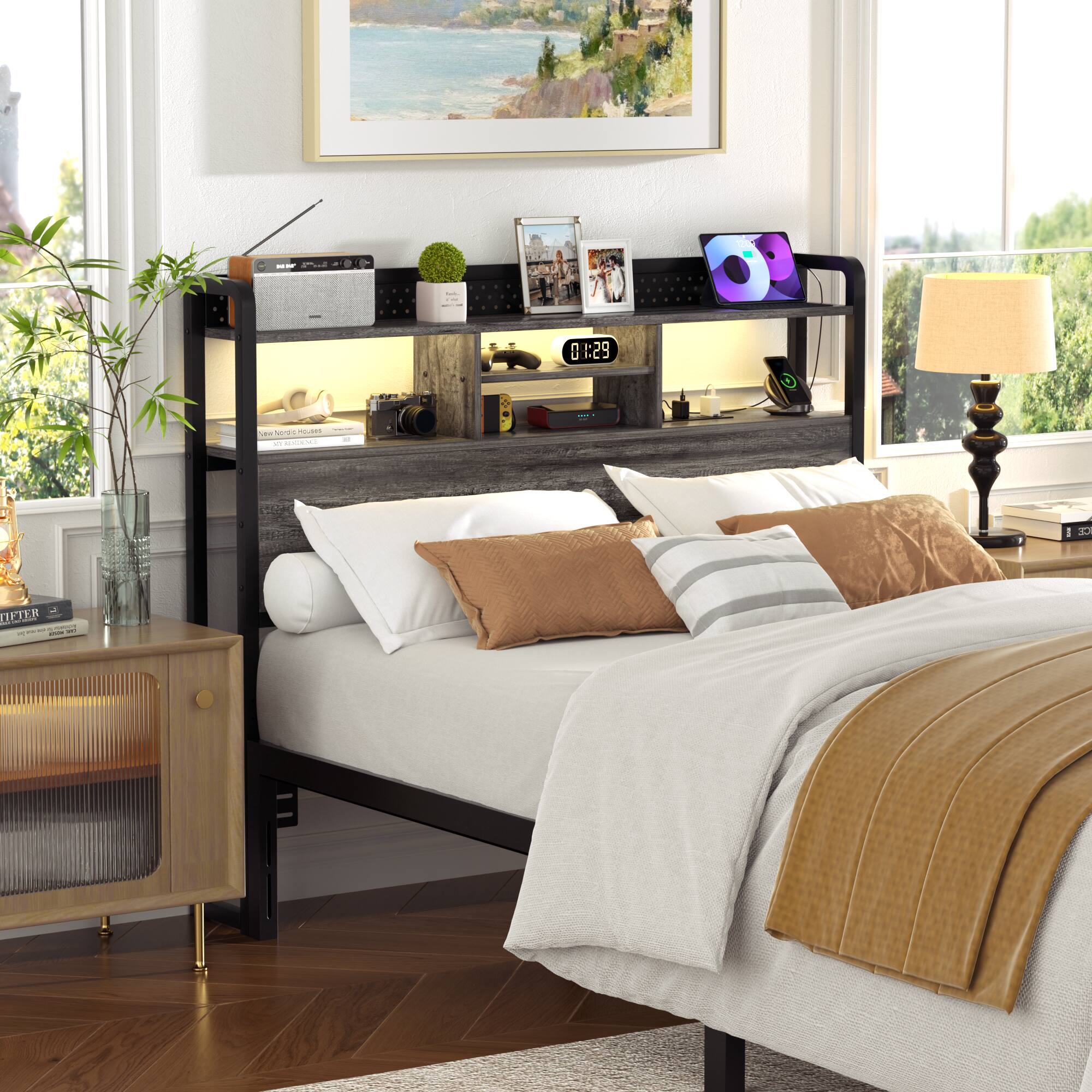 Aheaplus - Full Headboard Only, Full Size Headboard with Charging Station, RGB LED Light, and Bookcase Storage - Gray Oak