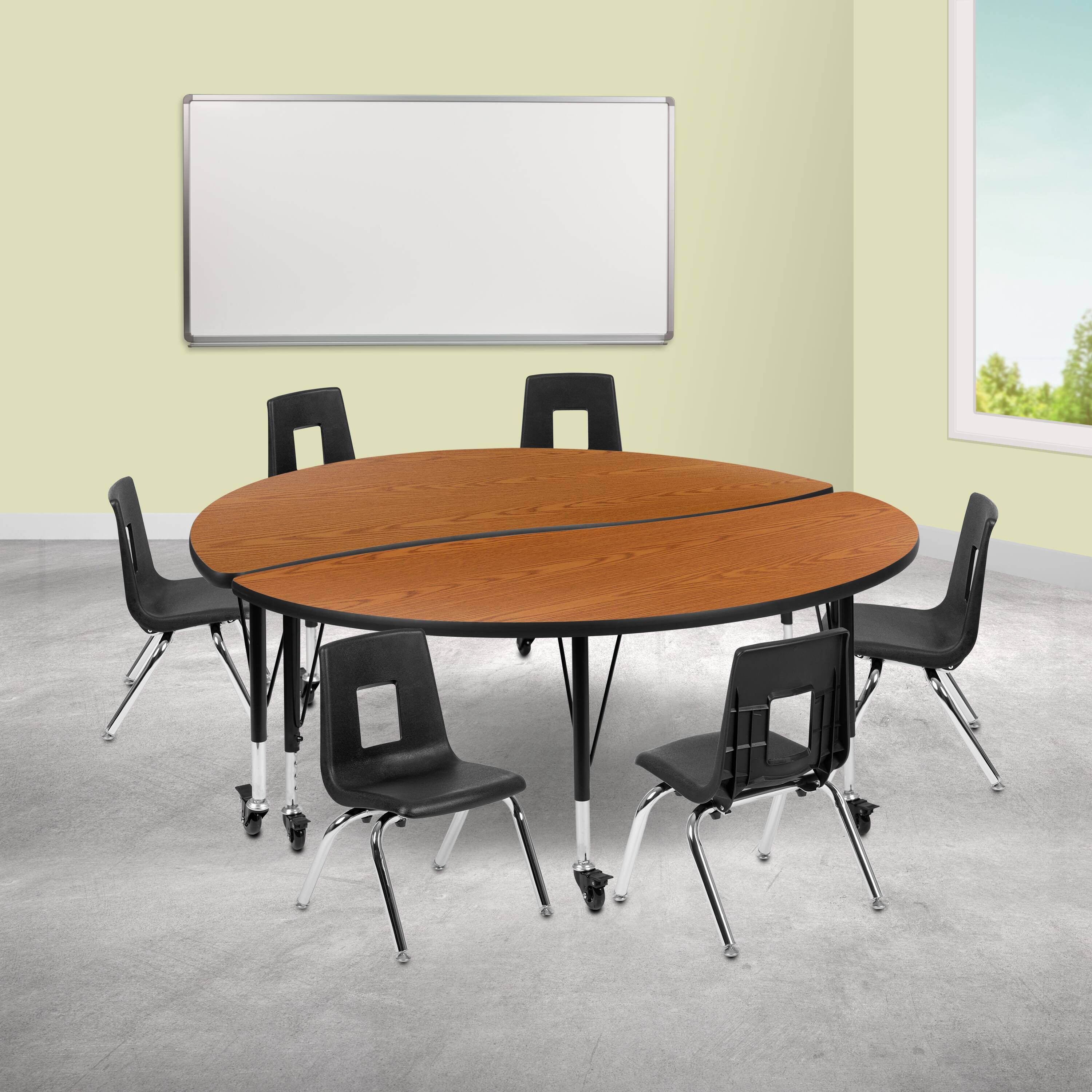 "Emma + Oliver - Mobile 60"" Circle Wave Collaborative Laminate Activity Table Set with 14"" Student Stack Chairs, Grey/Black - Oak" price history on PriceWatchPro