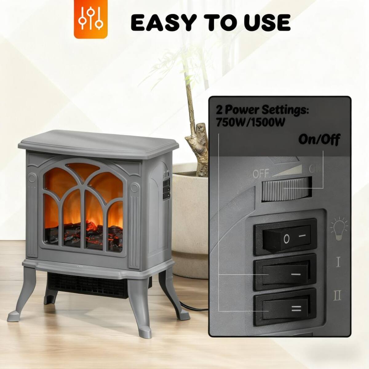 EASY TO USE

2 Power Settings: 750W/1500W On/Off

OFF

I

II