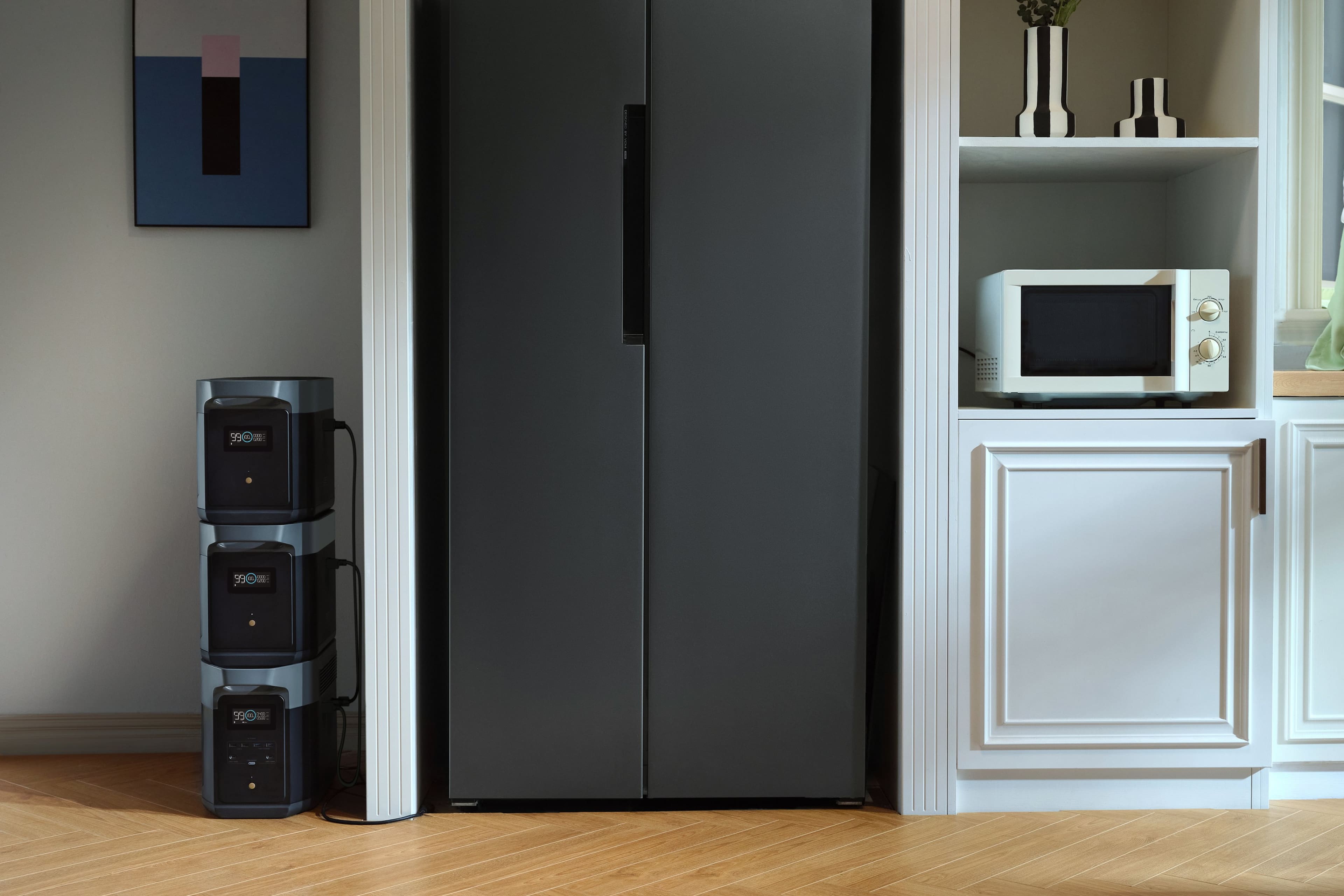 I'm sorry, but I cannot group or correct the text as it doesn't appear to be related to the image. The image shows a kitchen with a refrigerator, a microwave, and a potted plant. The text seems unrelated to the content of the image.