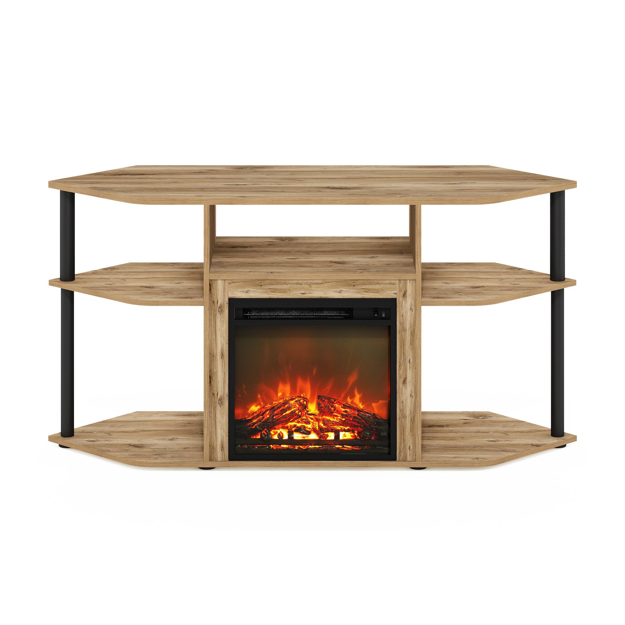 Alt View 2. Furinno - Jensen Open Storage Corner Fireplace TV Entertainment Center with Plastic Poles for TV up to 55 Inch - Flagstaff Oak/Black.