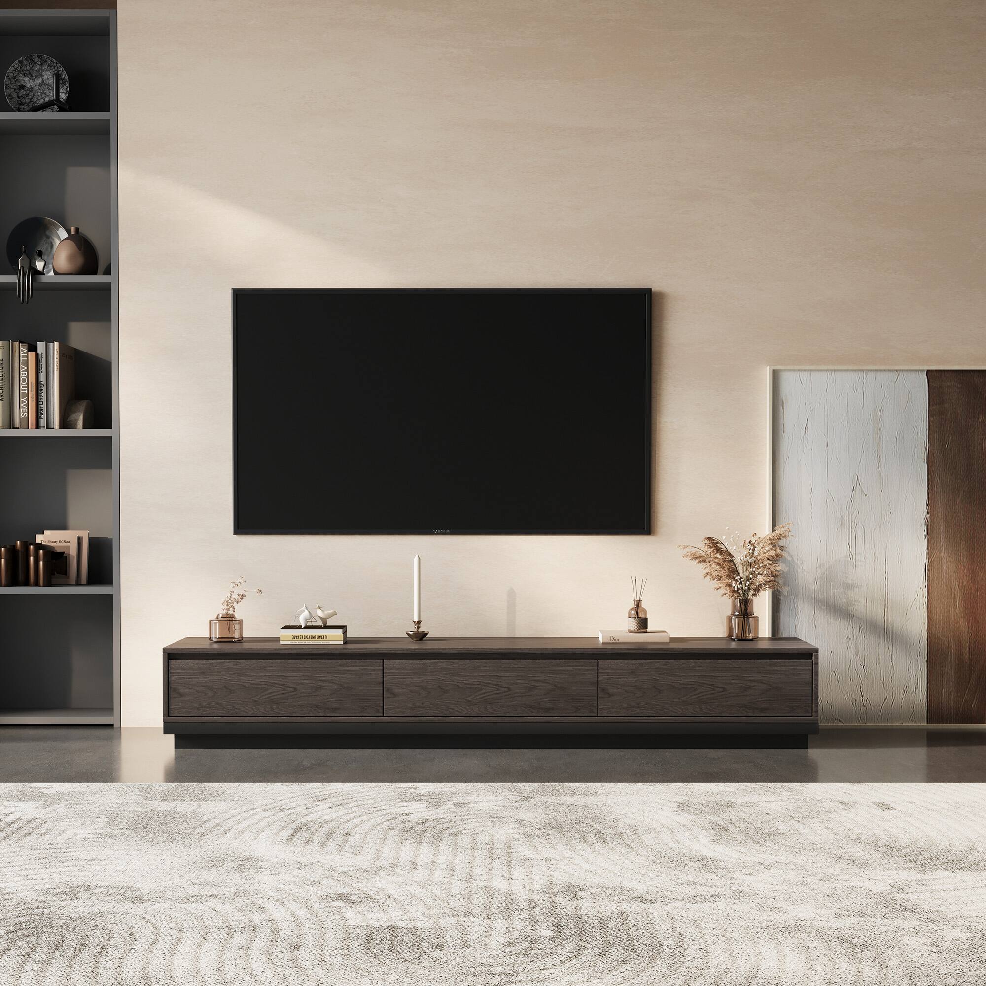 Left. luck idea - 78.7" Stretchable TV stand, tv console With a maximum width of 141.7" , With Three Storage Drawers. - Black walnut color.