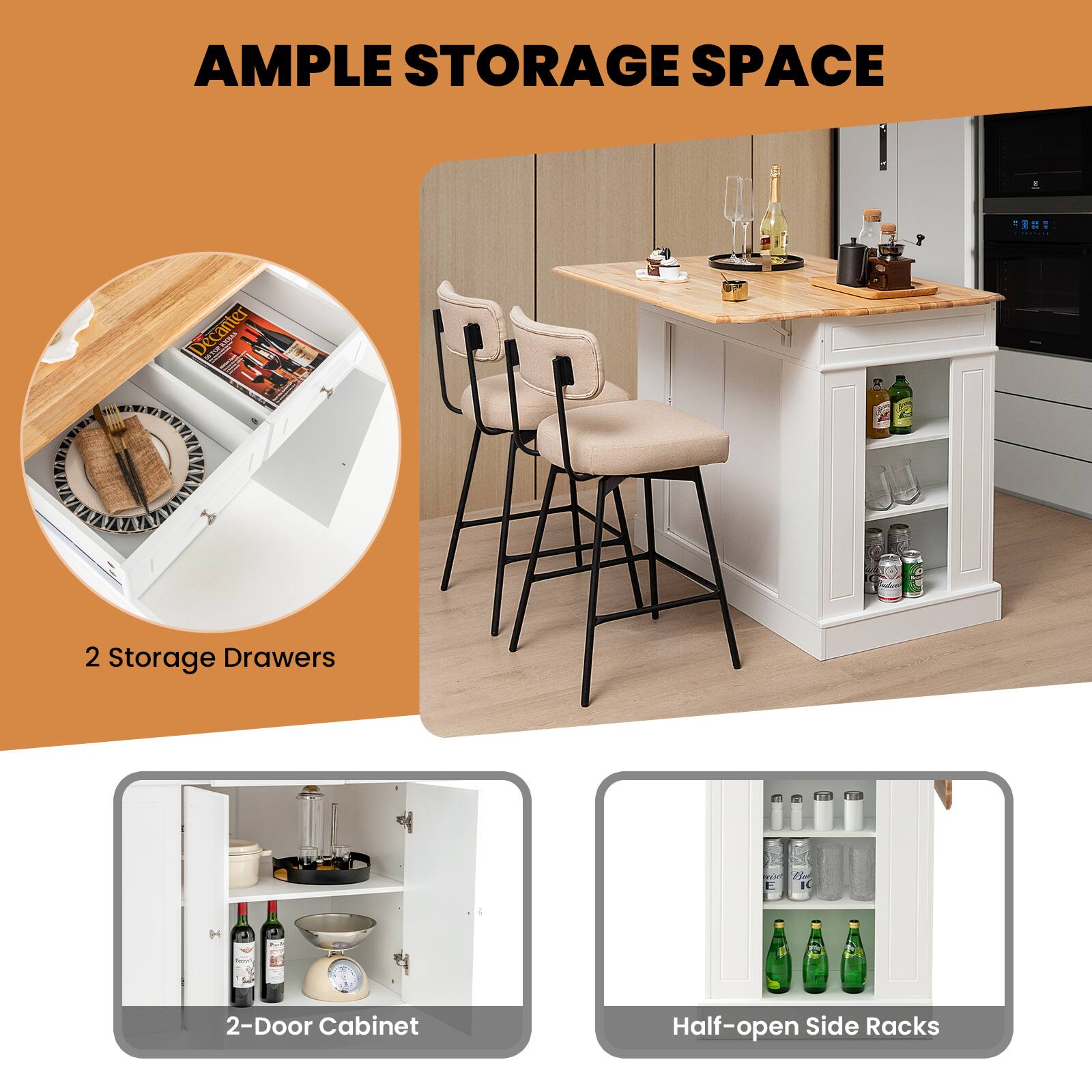 Ample Storage Space: 1 * Decanter, 2 Storage Drawers, 2-Door Cabinet, Half-open Side Racks