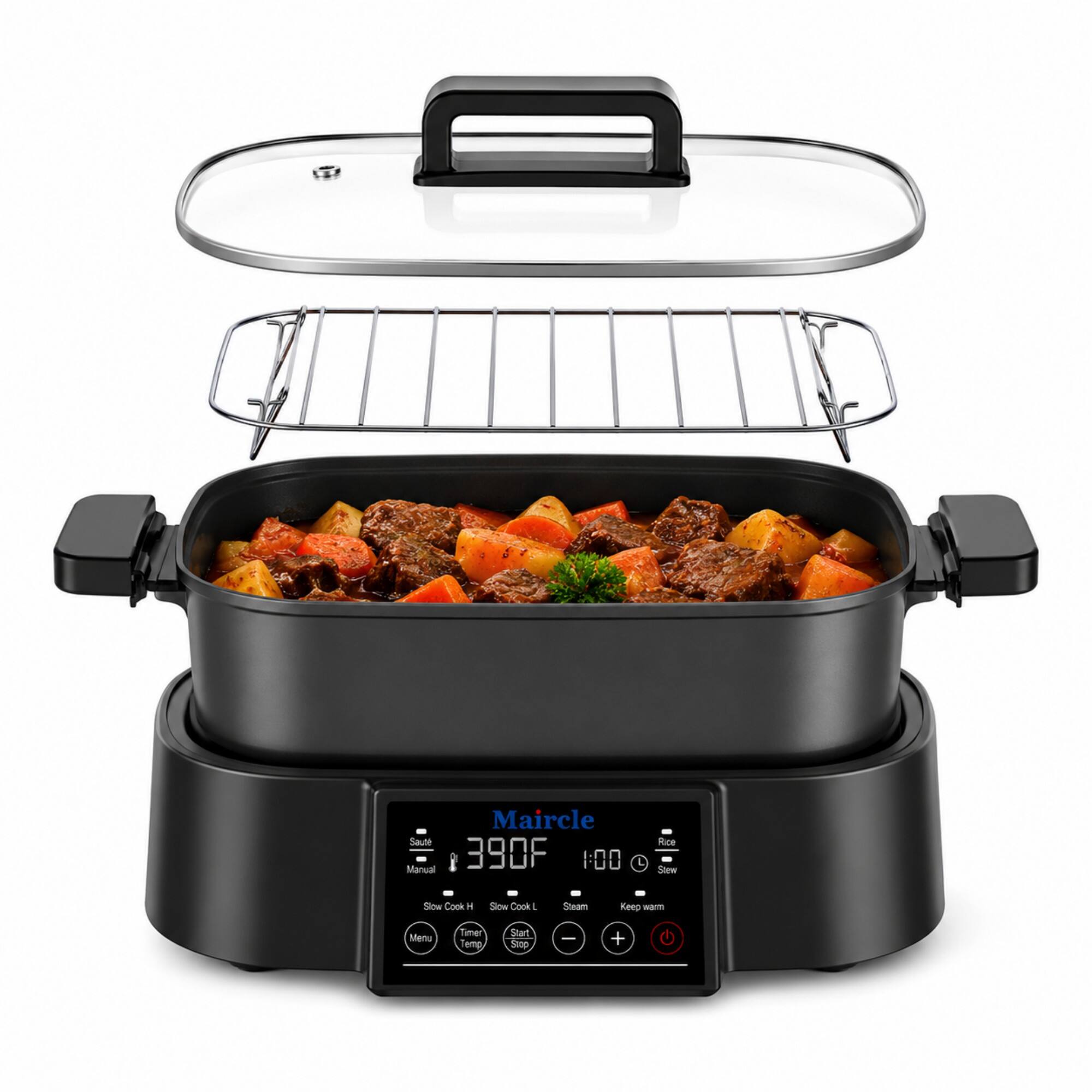 Maircle
Saute 390F 1:00 Manual
Rice Stew
Slow Cook H
Slow Cook L
Steam
Keep warm
Menu
Timer Temp
Start Stop