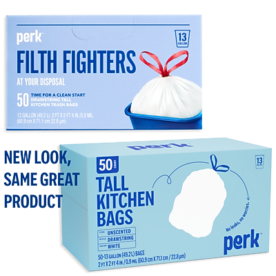 **Perk Filth Fighters at Your Disposal**

- Time for a Clean Start
- 50 Drawstring Tall Kitchen Trash Bags
- 13 Gallon (49.2L)
- 2FT x 2FT (409 ML)
- 150.9 cm x 71.1 cm x 22.8 umi

**New Look, Same Great Product**

- 50 Tall Kitchen Bags
- Unscented
- White
- 13 Gallon (49.2L)
- 2FT x 2FT x 4IN (60.9 cm x 71 cm x 10.9 cm)
- 50 Count
- 22.8 umi
