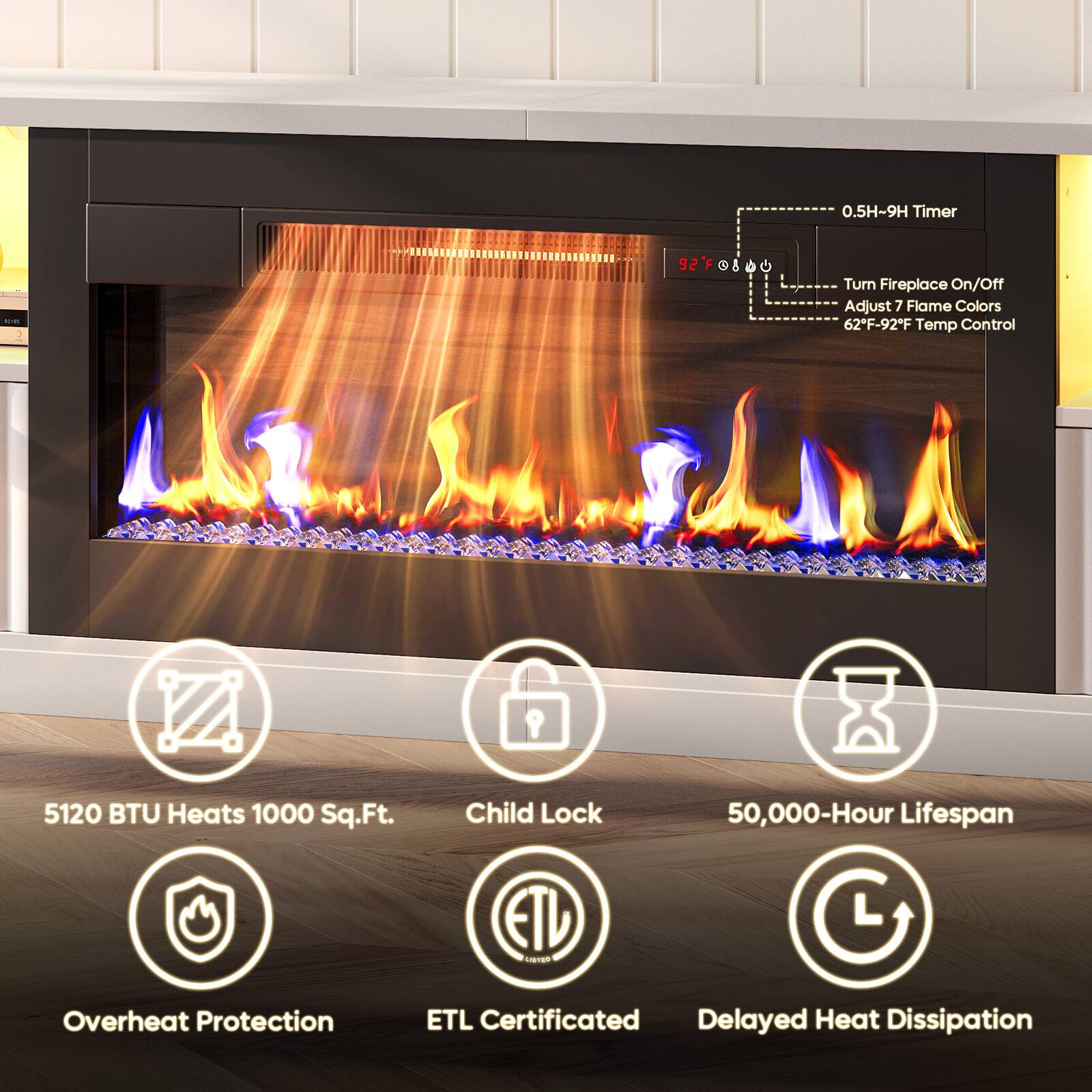 0.5H-9H Timer  
92°F 1 d  
Turn Fireplace On/Off  
Adjust 7 Flame Colors  
62°F-92°F Temp Control  
5120 BTU Heats 1000 Sq.Ft.  
Child Lock  
50,000-Hour Lifespan  
Overheat Protection  
ETL Certificated  
Delayed Heat Dissipation