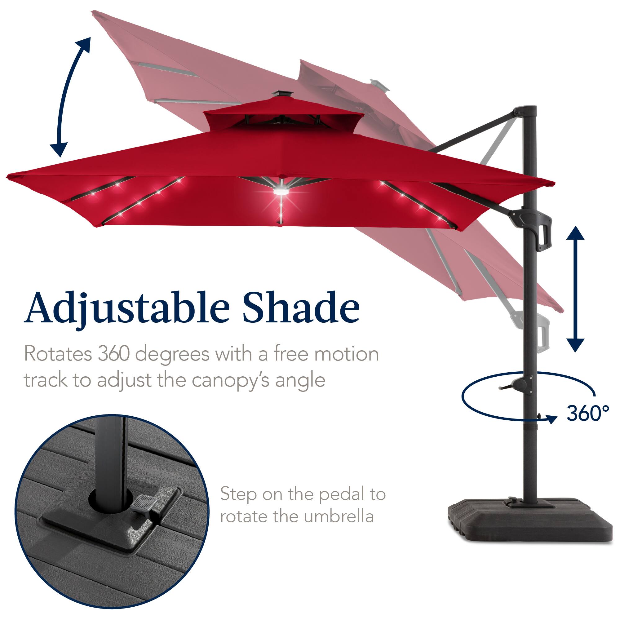 Adjustable Shade  
Rotates 360 degrees with a free motion track to adjust the canopy's angle  
Step on the pedal to rotate the umbrella