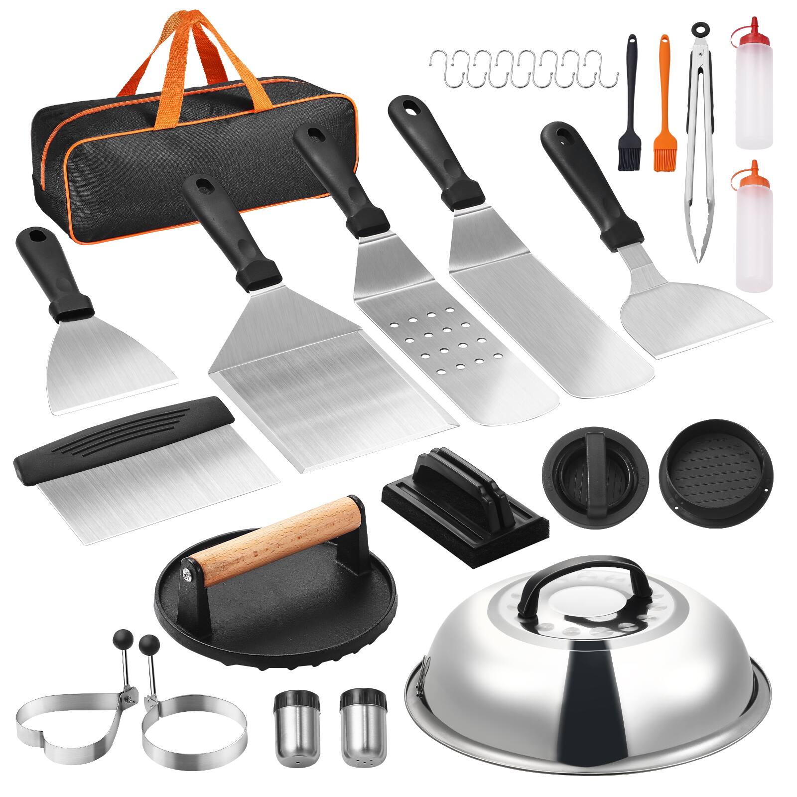 Front. VEVOR - 28PCS Griddle Accessories Kit, Flat Top Grill Accessory, Enlarged Spatula Gift Set, Stainless Steel Grilling Tools - stainless steel.