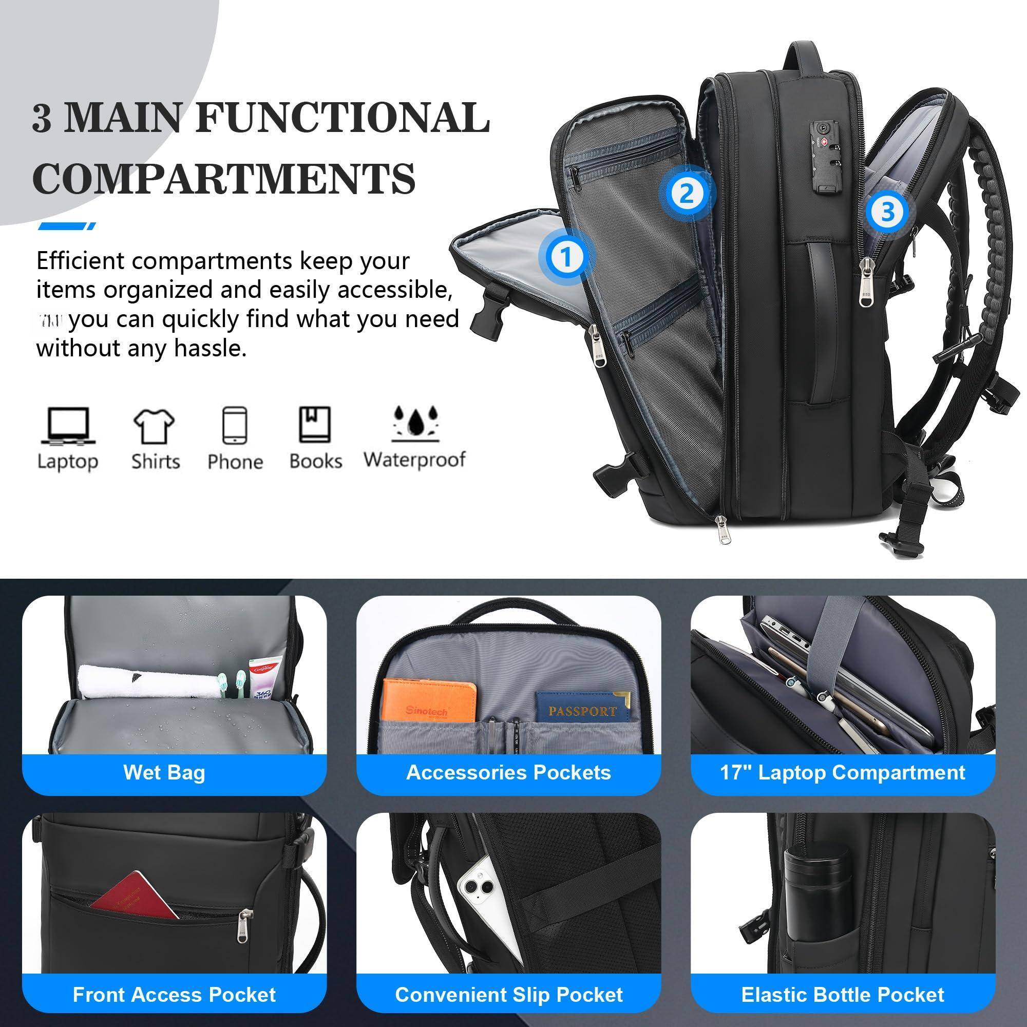 3 MAIN FUNCTIONAL COMPARTMENTS

Efficient compartments keep your items organized and easily accessible, so you can quickly find what you need without any hassle.

1. Laptop
2. Shirts
3. Phone
4. Books
5. Waterproof

1. Wet Bag
2. Accessories Pockets
3. 17" Laptop Compartment

Front Access Pocket
Convenient Slip Pocket
Elastic Bottle Pocket