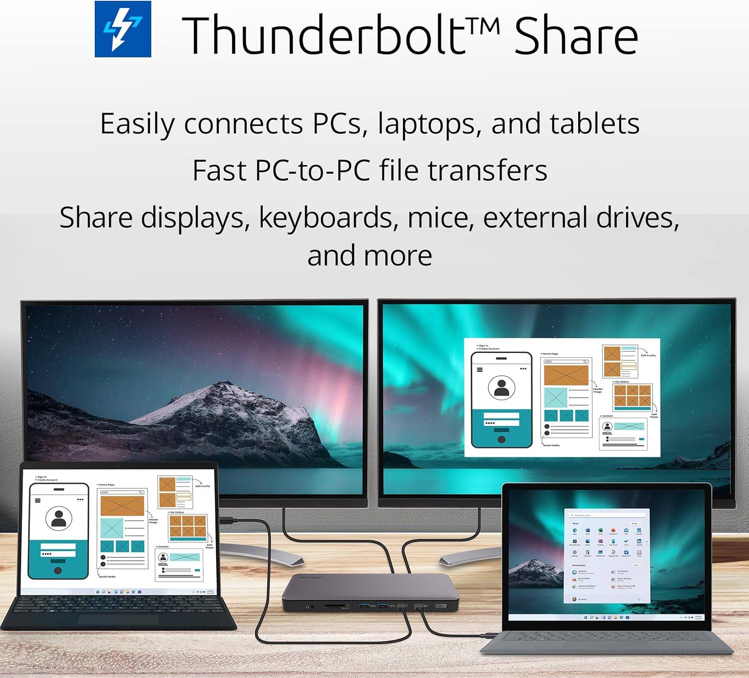 Thunderbolt™ Share

Easily connects PCs, laptops, and tablets  
Fast PC-to-PC file transfers  
Share displays, keyboards, mice, external drives, and more