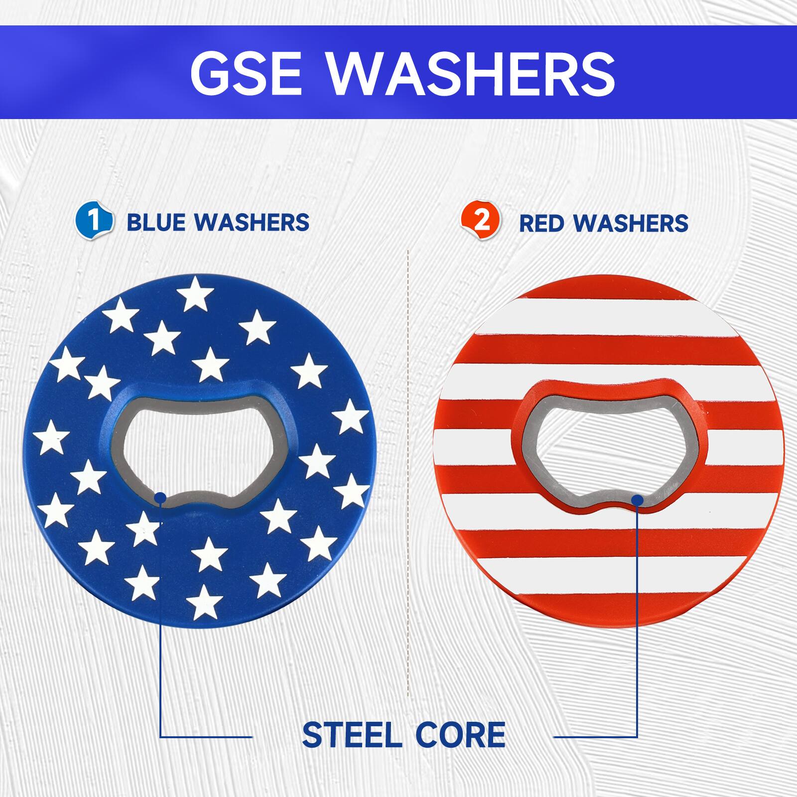 GSE WASHERS

1 BLUE WASHERS

2 RED WASHERS

STEEL CORE
