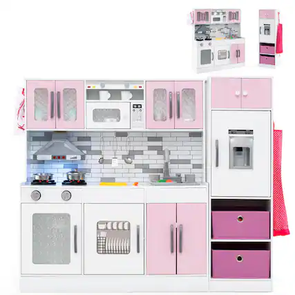 Front. Costway - Costway Wooden Kitchen Playset w/Lights Sounds Interactive Features Storage Accessories - Pink,White.
