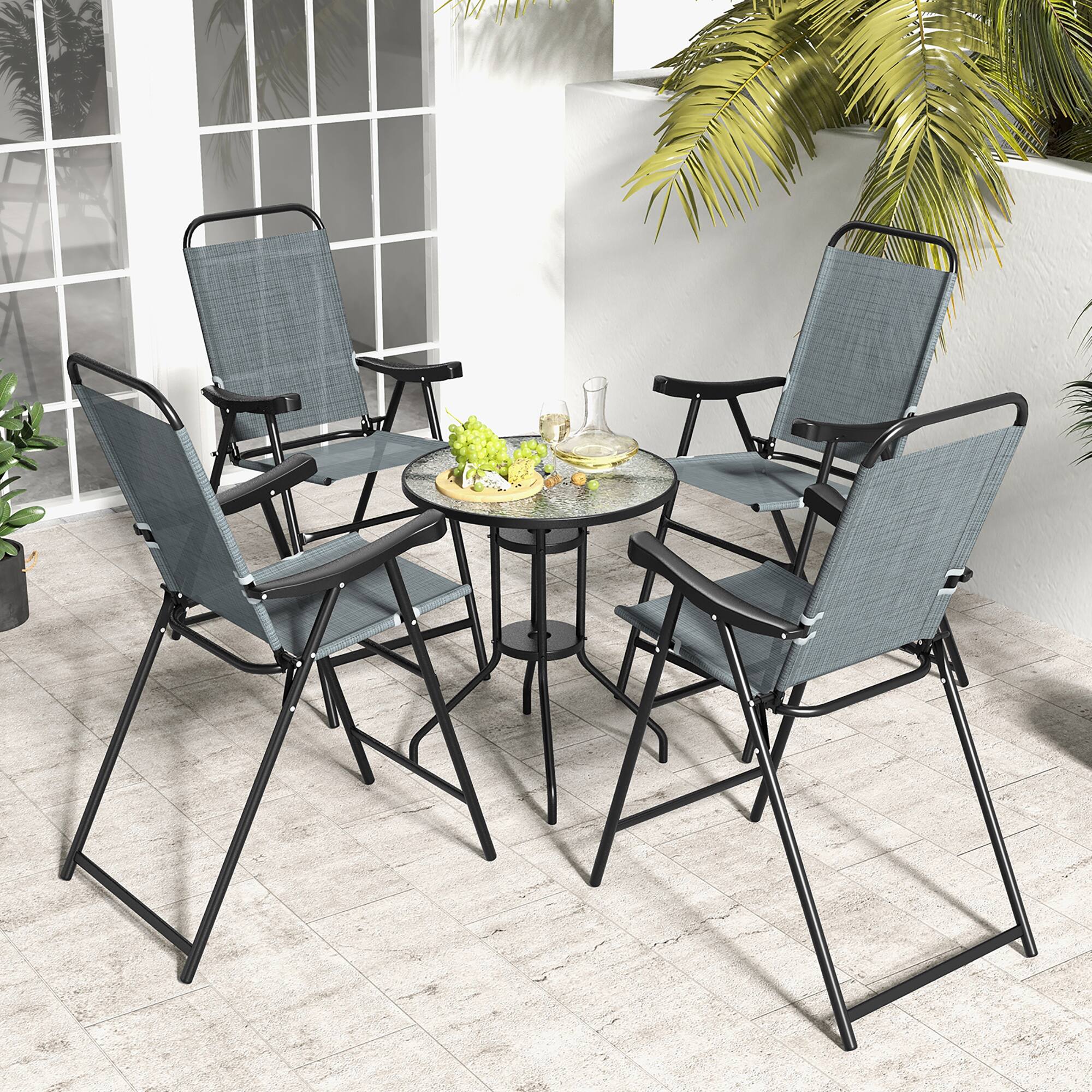 Alt View 7. Gymax - Gymax 4 PCS Patio Bar Chair Folding Bar Height Metal Frame w/ Footrest Garden Blue - Blue.