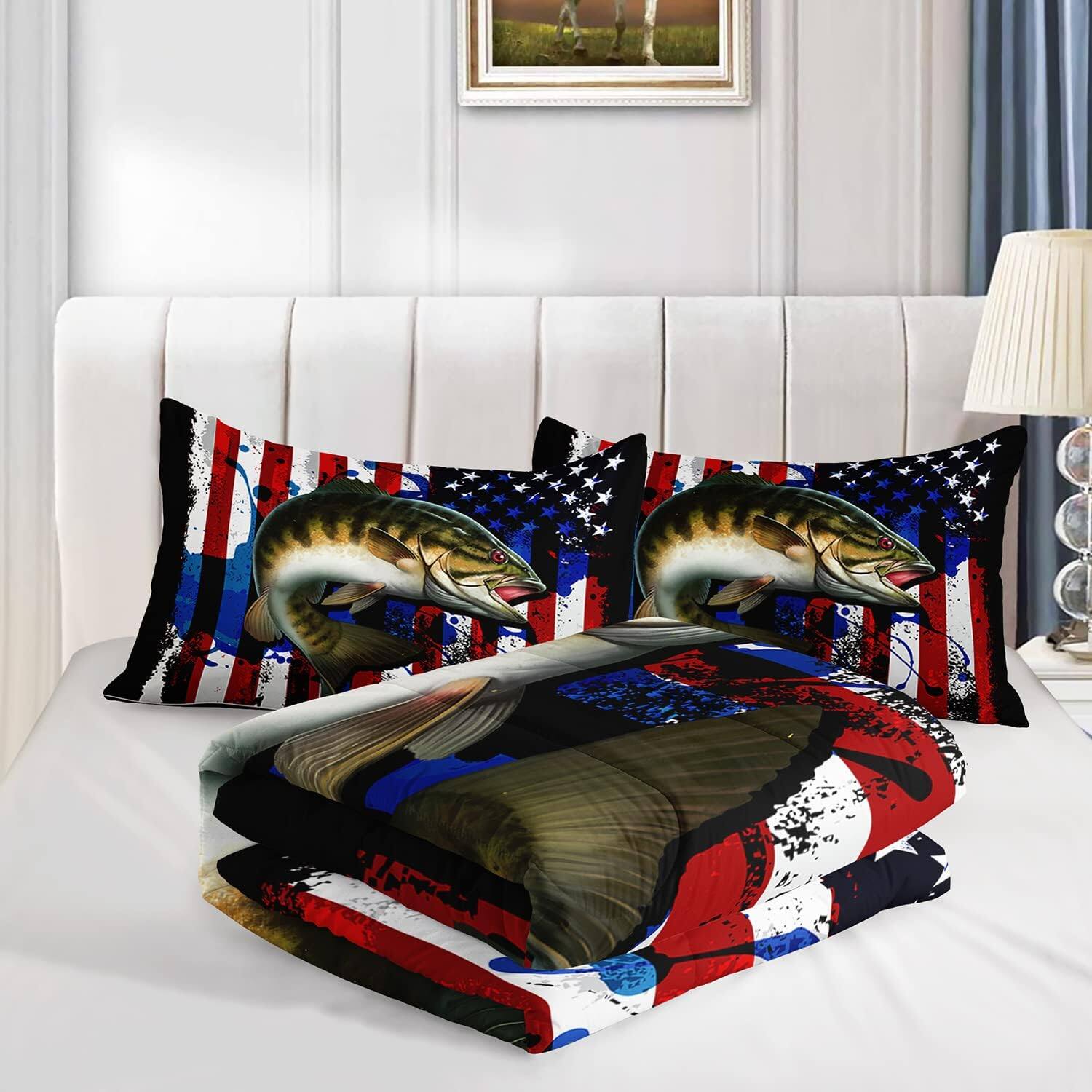 Alt View 3. Wikistore - WIKISTORE Big Pike Fishing Comforter Set Full Size Bass Fish American Flag Pattern Bedding 3 Piece - As Picture.