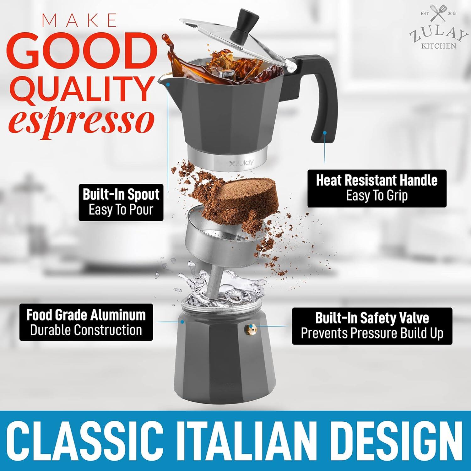 Make good quality espresso. Built-in spout, easy to pour. Zulay Kitchen, heat-resistant handle, easy to grip. Food-grade aluminum, durable construction. Built-in safety valve prevents pressure build-up. Classic Italian design.