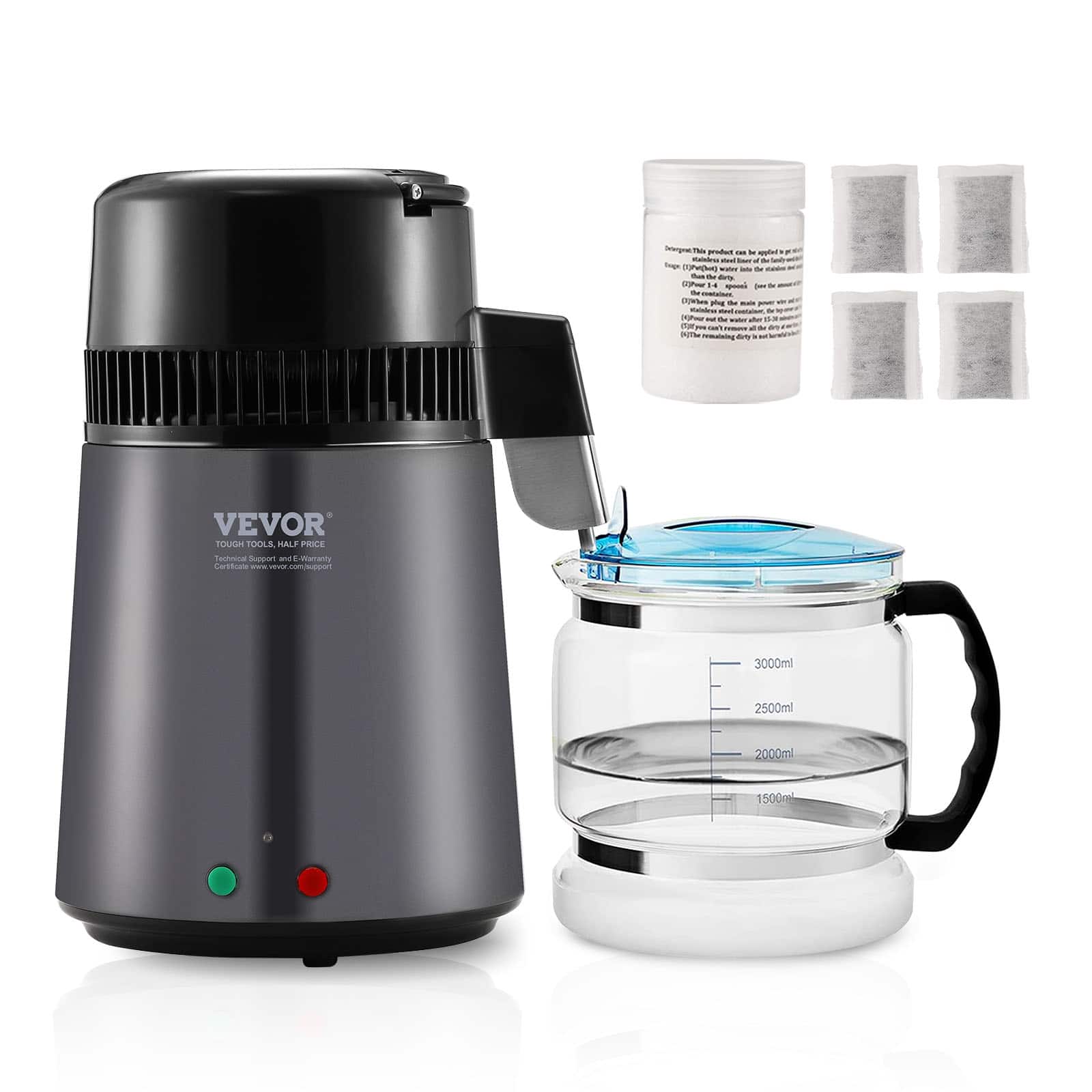 VEVOR - Water Distiller, 4L 1.05 Gallon Pure Water Purifier Filter For Home Countertop, 750W Distilled Water Maker - Dark Gray