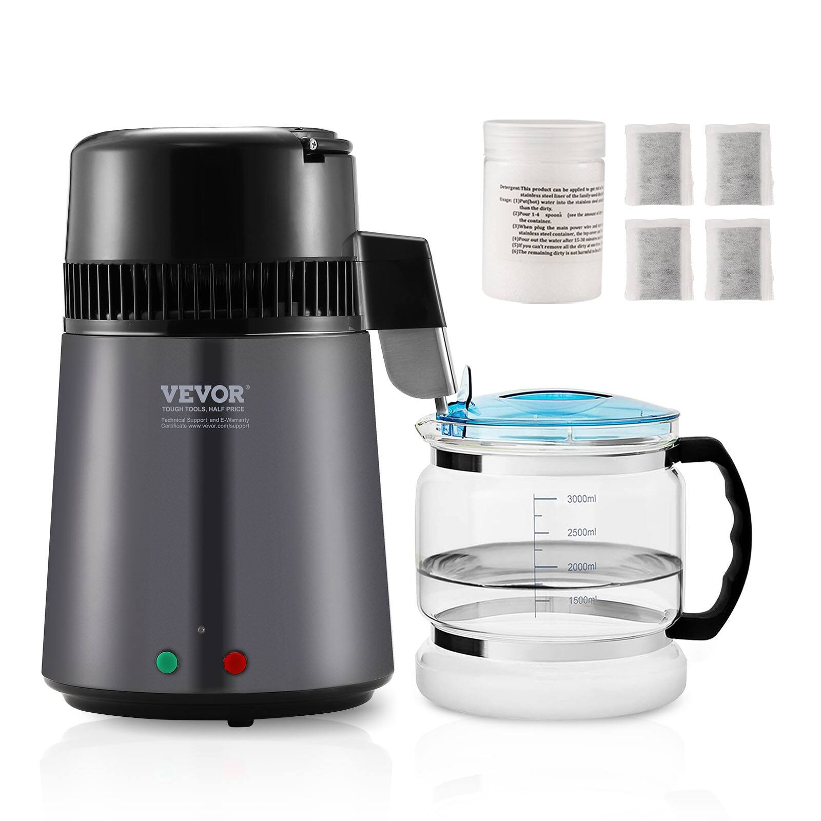 VEVOR - Water Distiller, 4L 1.05 Gallon Pure Water Purifier Filter For Home Countertop, 750W Distilled Water Maker - Dark Gray