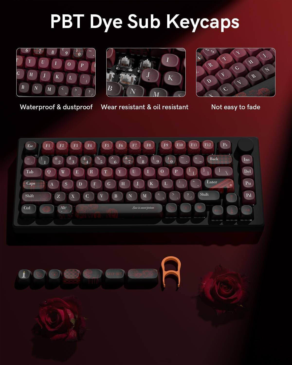 PBT Dye Sub Keycaps

Waterproof & dustproof
Wear resistant & oil resistant
Not easy to fade

Esc F1 F2 F3 F4 F5 F6 F7 F8 F9 F10 F11 F12
1 2 3 4 5 6 7 8 9 0 - + Back Ins
Tab Q W E R T Y U I O P \ Del
Caps A S D F G H J K L : ; Enter
Shift Z X C V B N M < > ? Shift
Ctrl Alt

Ps : ! 1 2 3 $ 4 % 5 6 7 . 8 9 0 - +