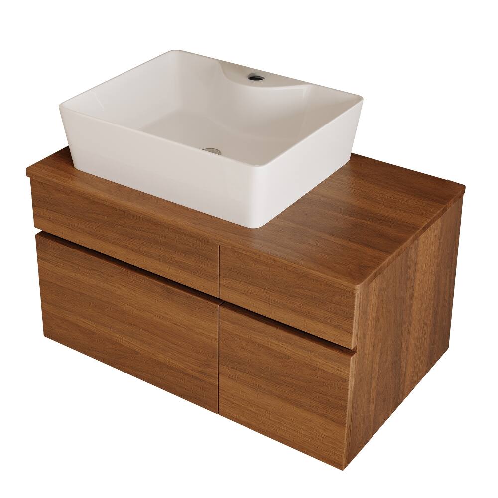 Alt View 7. Loheer - Loheer 31.5 inch floating bathroom vanity Walnut and White Single Sink Vanity with Vessel Ceramic Sink - White, Walnut.