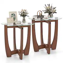 Gymax - 2PCS Round Side Table w/Glass Tabletop Cross-shaped Solid Rubber Wood Frame Clear Walnut - Brown