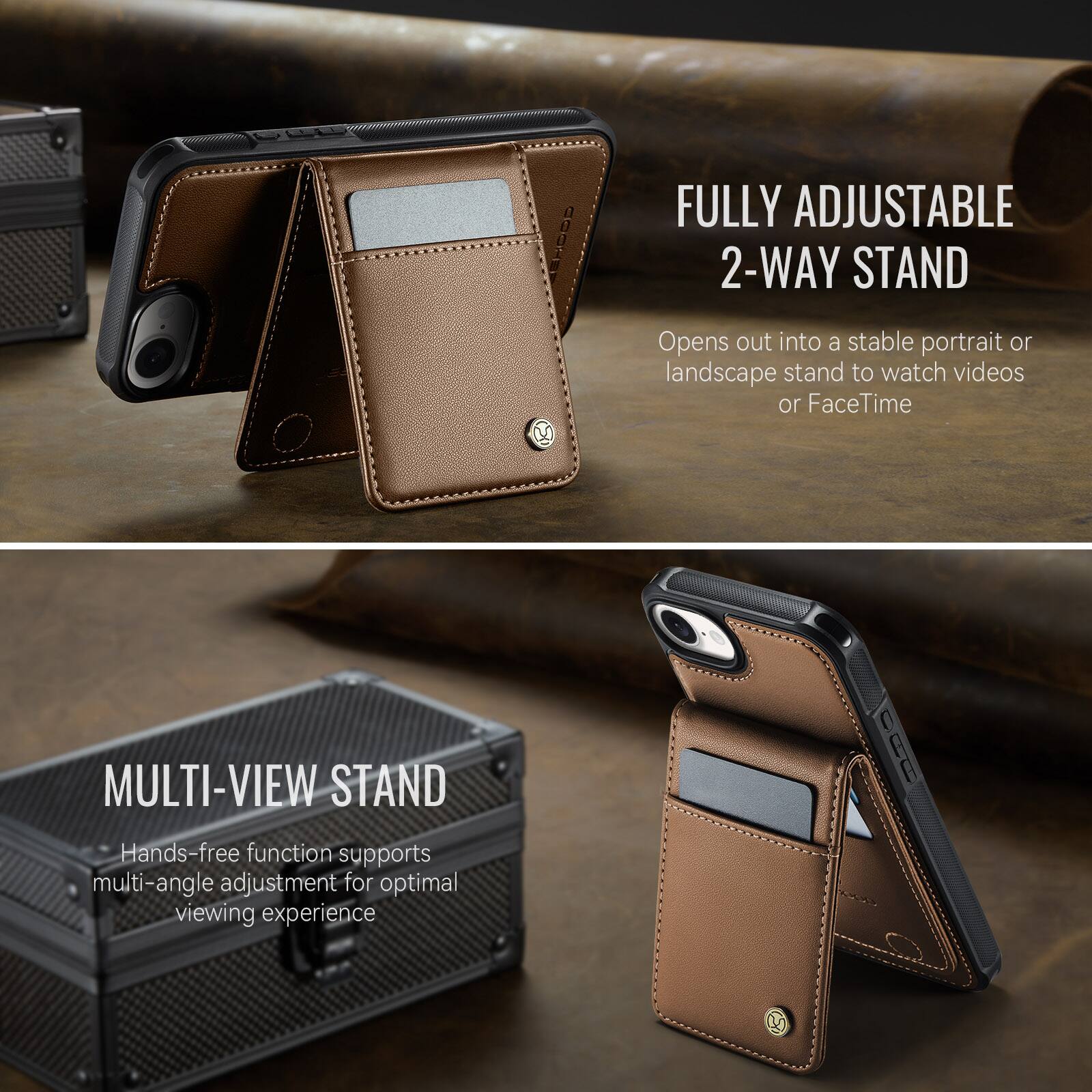 FULLY ADJUSTABLE 2-WAY STAND  
Opens out into a stable portrait or landscape stand to watch videos or FaceTime

MULTI-VIEW STAND  
Hands-free function supports multi-angle adjustment for optimal viewing experience