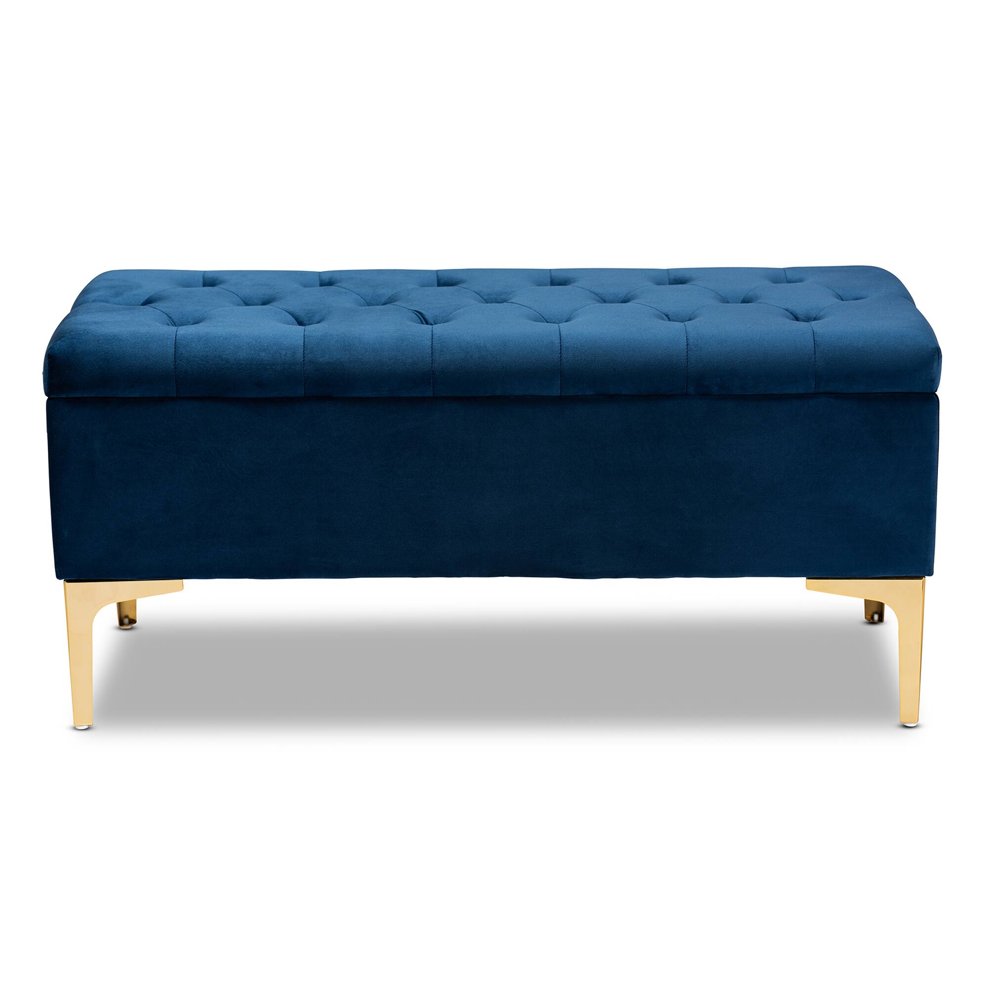 Left. Baxton Studio - Valere Glam and Luxe Velvet Fabric Upholstered Gold Finished Button Tufted Storage Ottoman - Navy Blue/Gold.