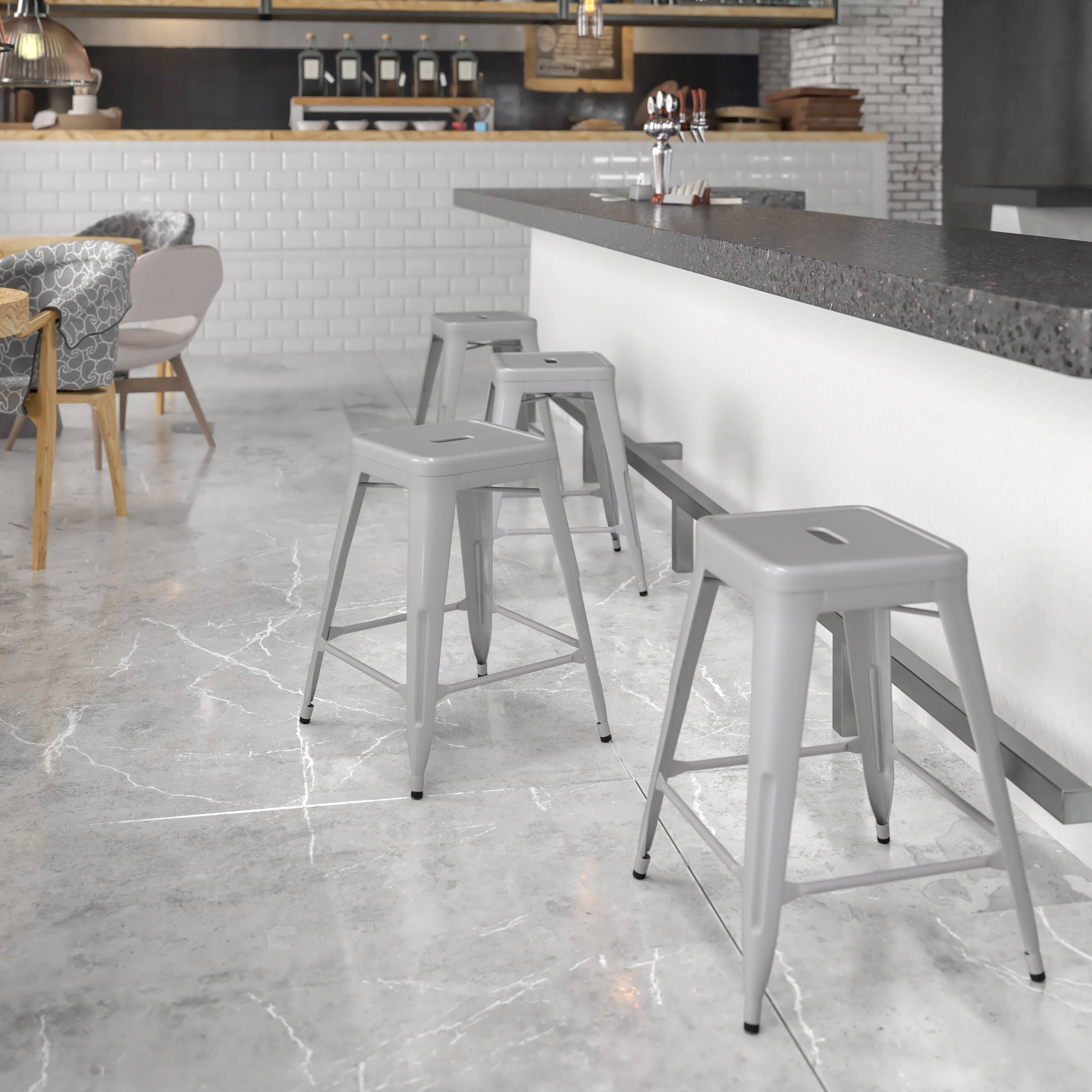 Alt View 1. Emma + Oliver - Commercial Grade 24"H Backless Metal Indoor-Outdoor Counter Stool w/ Square Seat - Silver.