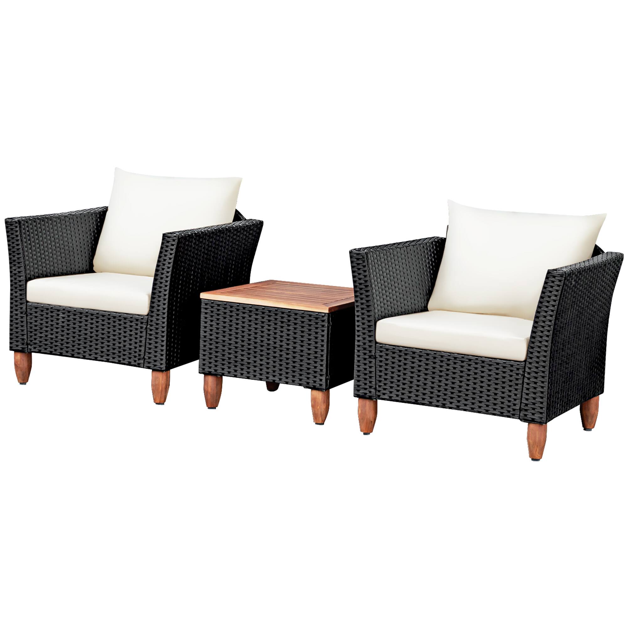 Alt View 5. Gymax - Gymax 3PCS Cushioned Patio Conversation Furniture Set w/ Wooden Table Top & Feet - Black.