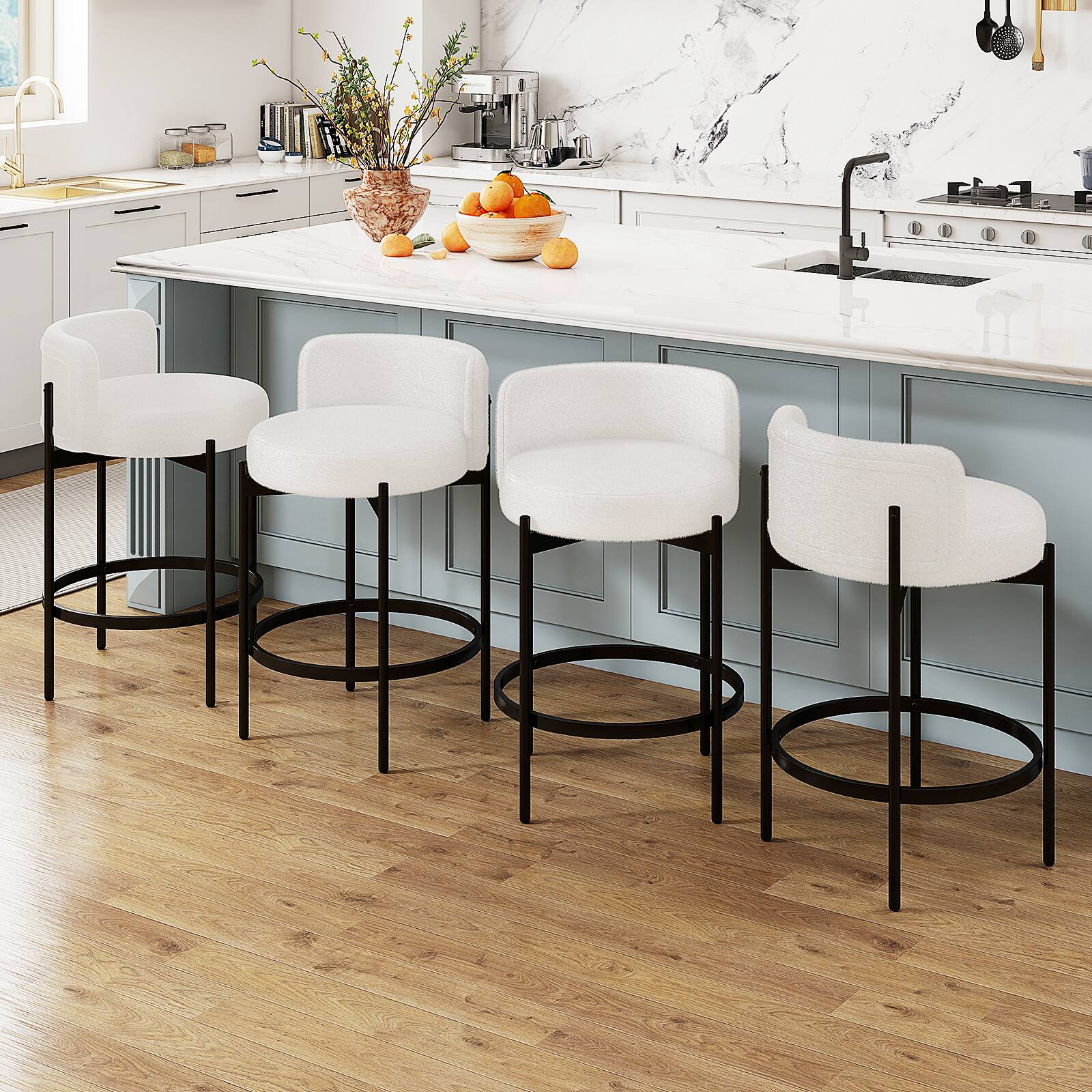 Alt View 8. Gymax - Gymax Boucle Counter Stools Set of 4 w/Curved Backrest Metal Frame Comfy Footrest - Beige, Black.