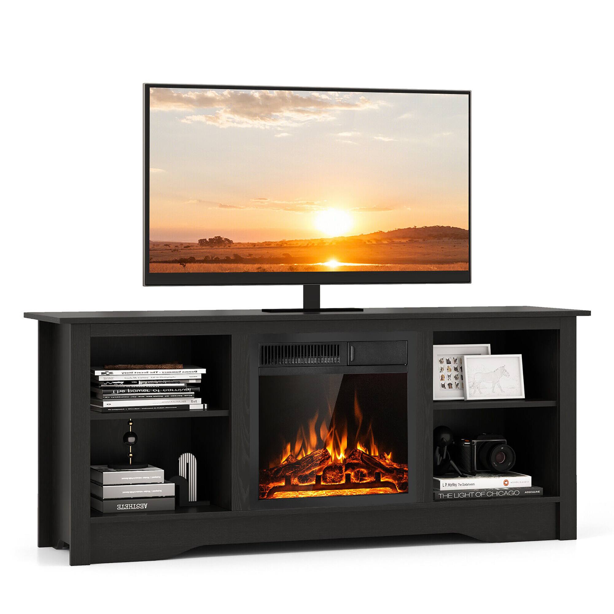 Gymax - Fireplace TV Stand for 65'' Flat Screen TV w/ 18'' Electric Fireplace Heater - Black