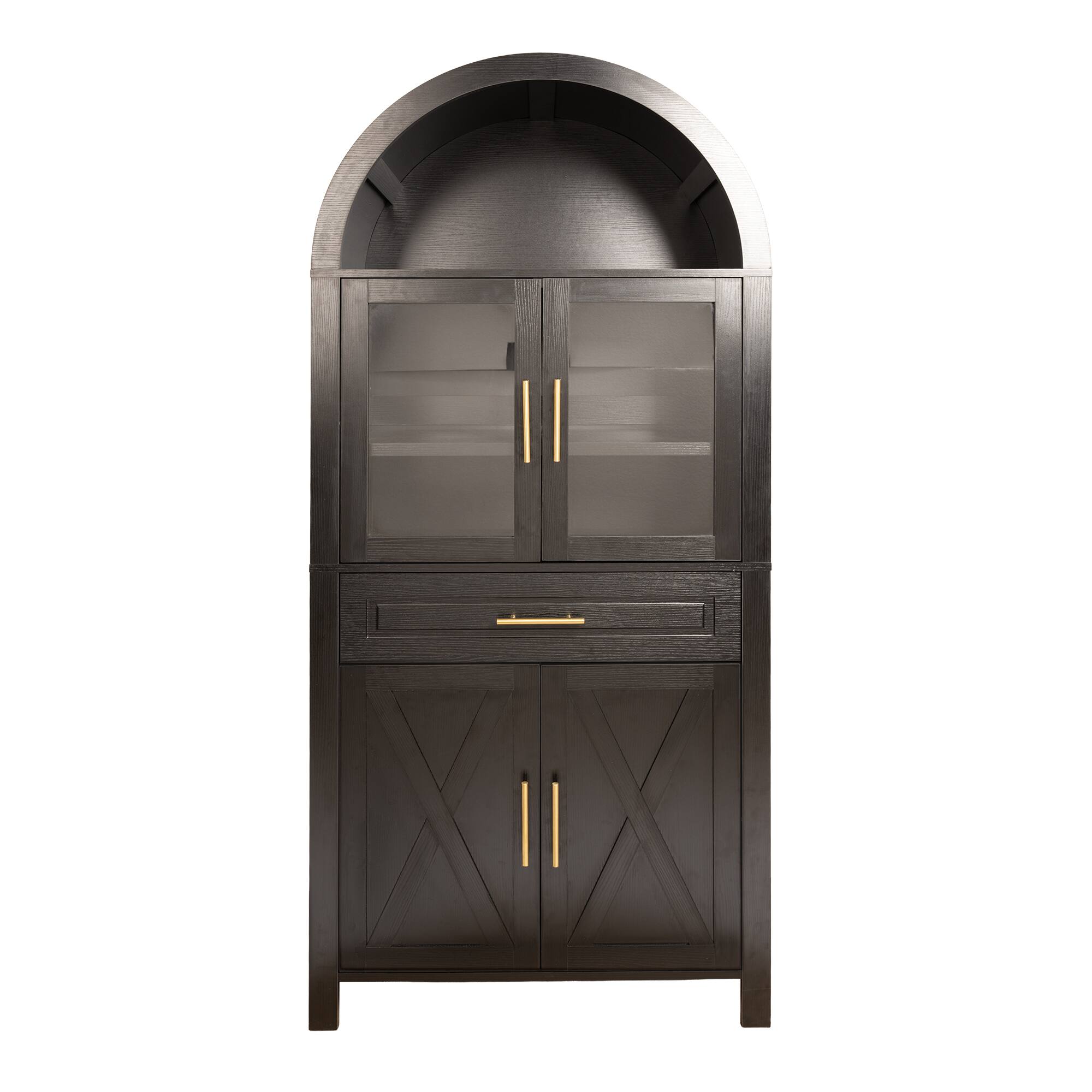 Alt View 9. Loheer - Loheer Kitchen Pantry Cabinet, 71in Black Arched Pantry Cabinet with Glass Doors, Drawer, Adjustable Shelves - Black.